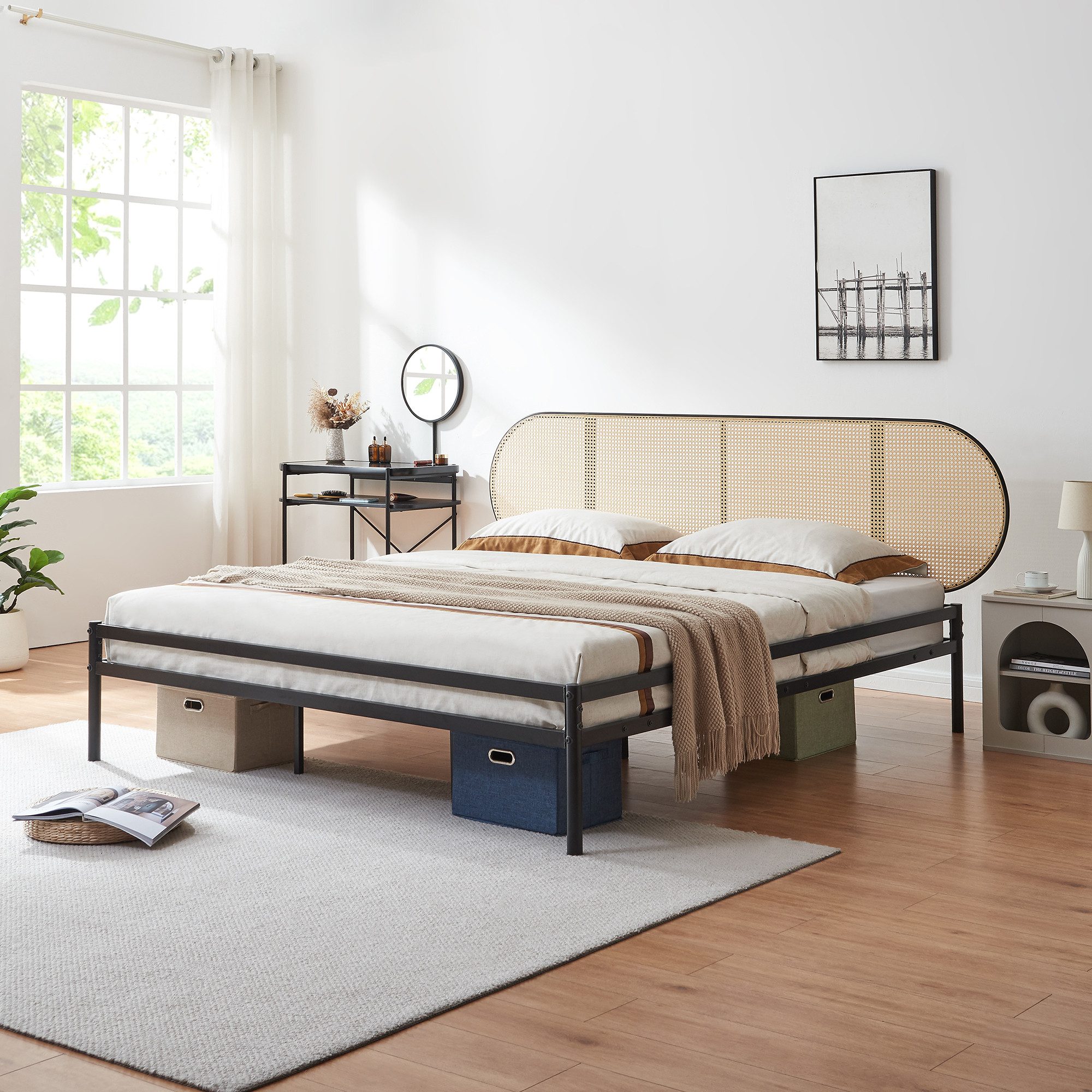 en.casa Metallbett, »Linköping« mit ovalem Kopfteil 180x200 cm Schwarz/Ratt günstig online kaufen