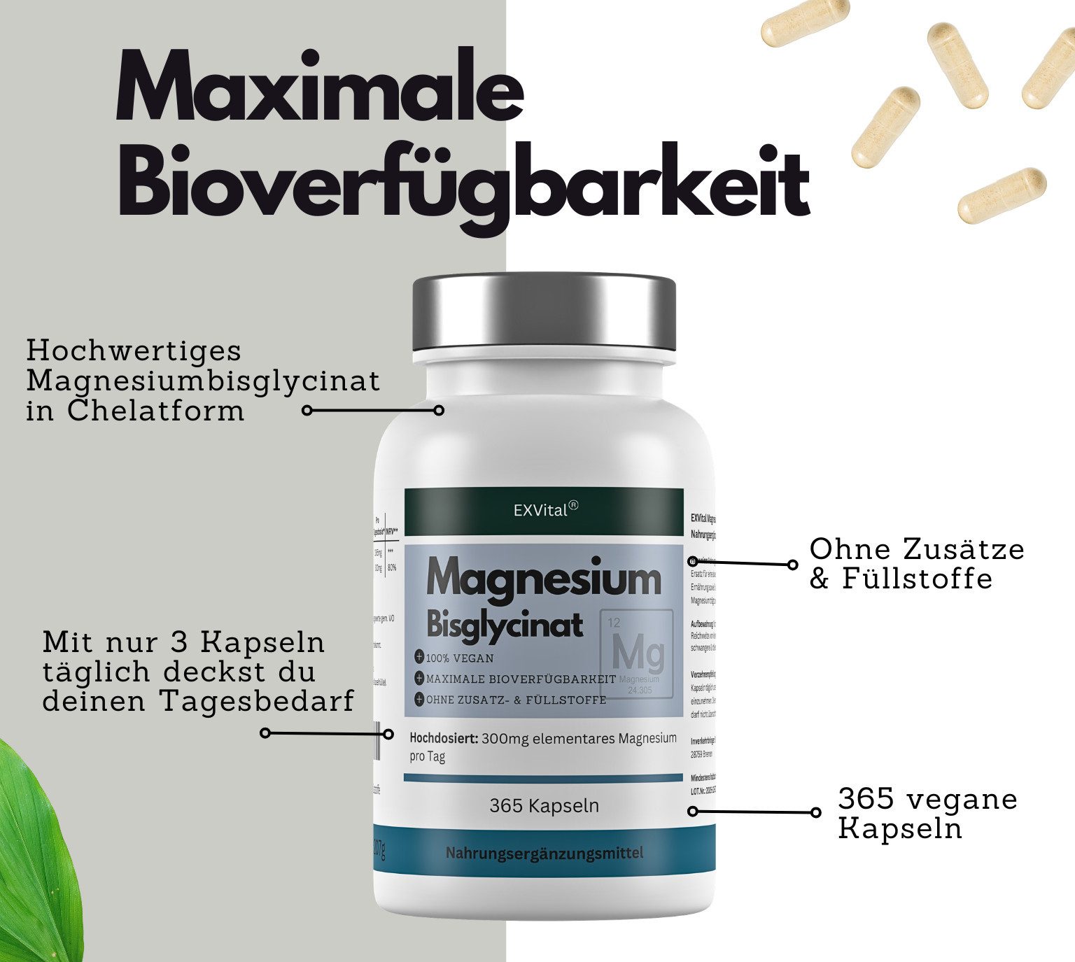 Magnesiumbisglycinat, hochdosiert 1365mg pro Tag, 365 vegane Kapseln Kapseln, 1 er 207 g