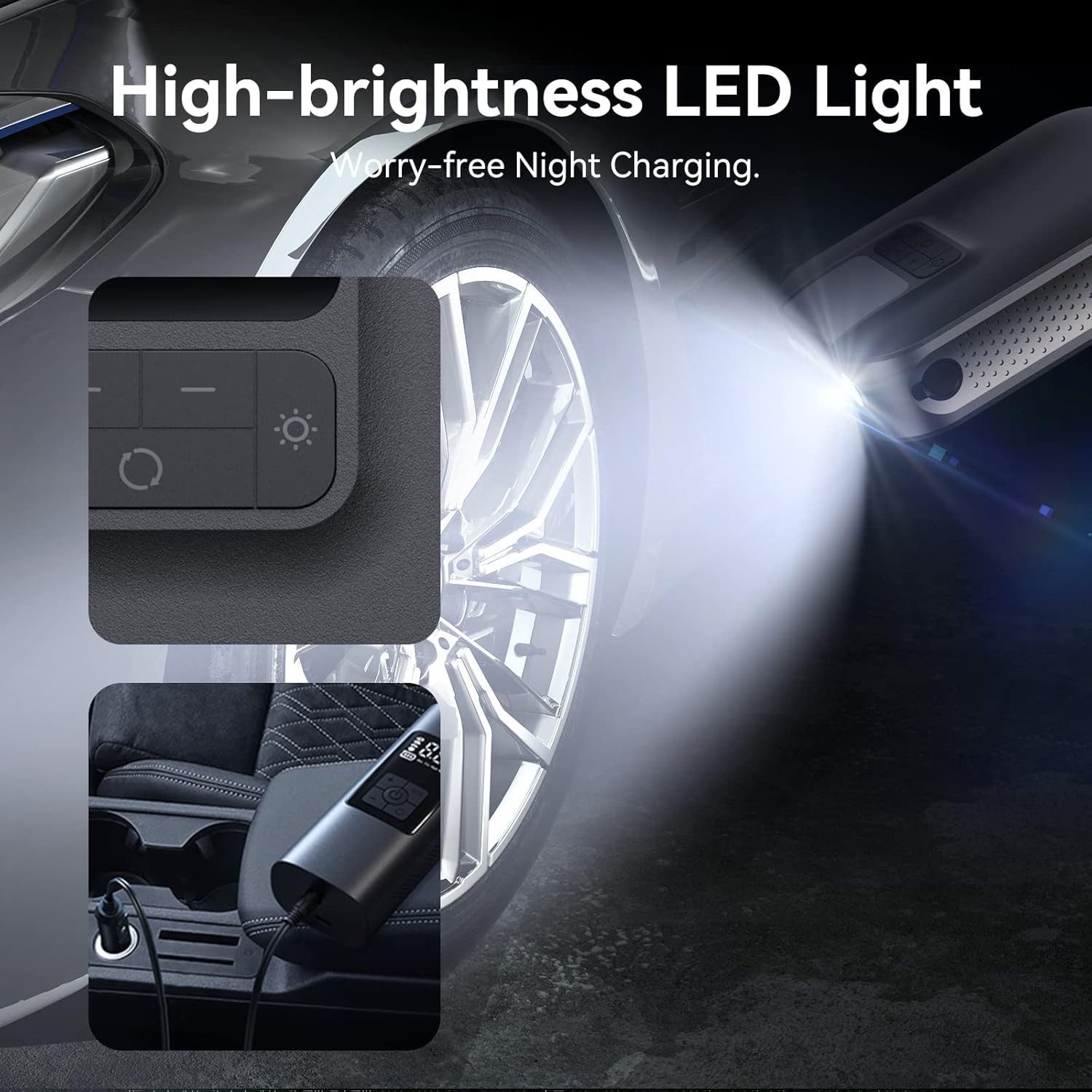 LA CUTE Akku-Handkompressor Elektrische Luftpumpe 150 PSI Digital 5000mAh mit LED-Licht, 60 W, max. 10,30 bar, Kompakte elektrische Akku-Luftpumpe für Auto, Fah – Bild 5 von 5
