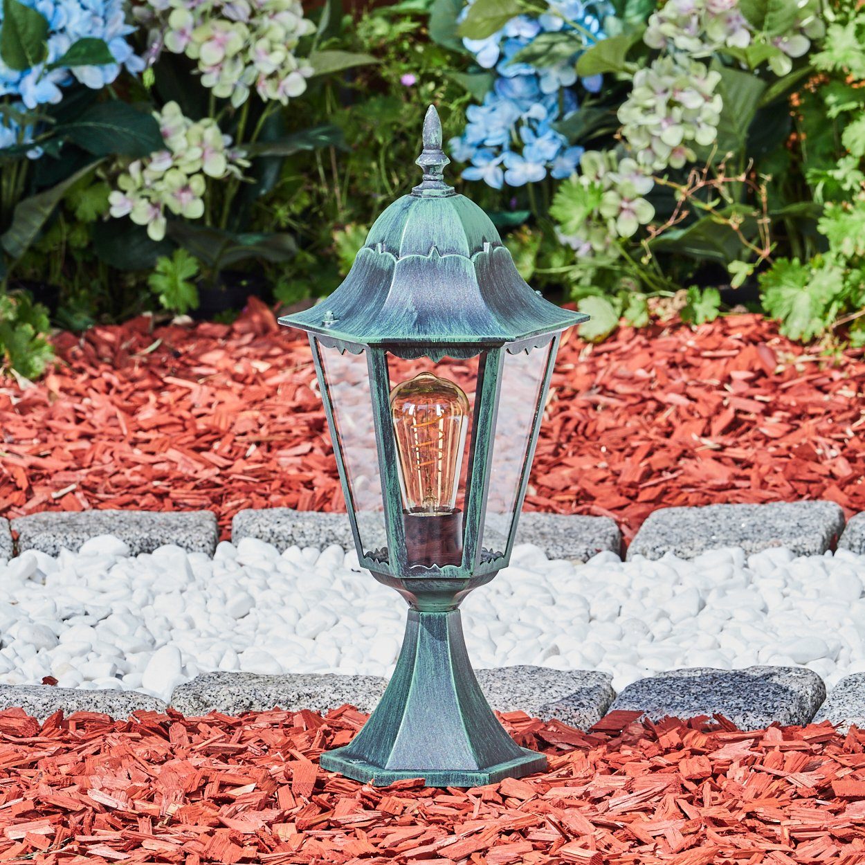 hofstein Pollerleuchte Sockelleuchte aus Metall/Glas in Schwarz-Grün/Klar, ohne Leuchtmittel, Wegeleuchte, Gartenbeleuchtung IP44, 1x E27, ohne Leuchtmittel