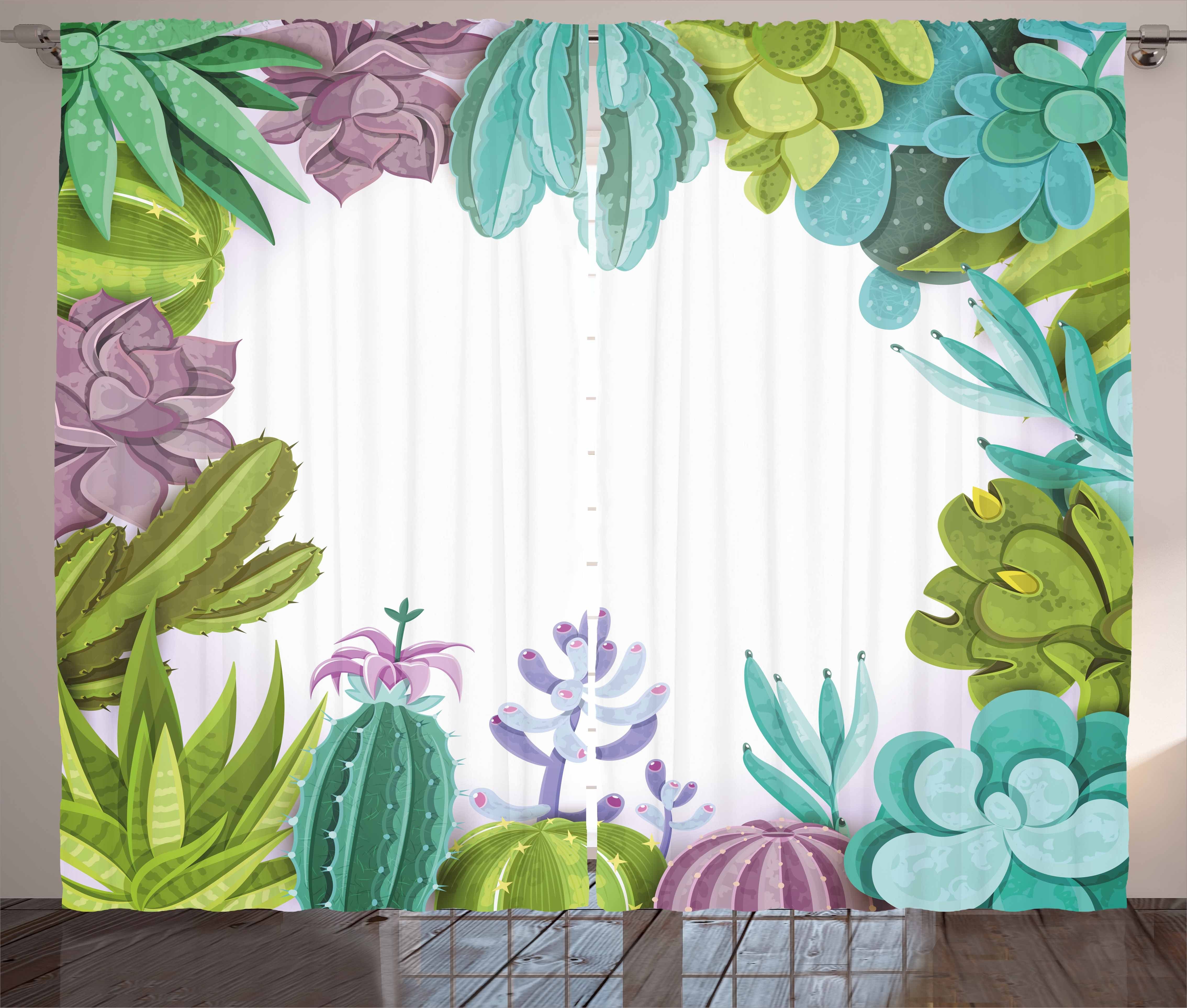 Gardine Schlafzimmer Kräuselband Vorhang mit Schlaufen und Haken, Abakuhaus, Kaktus Succulenten Pflanzen Rahmen