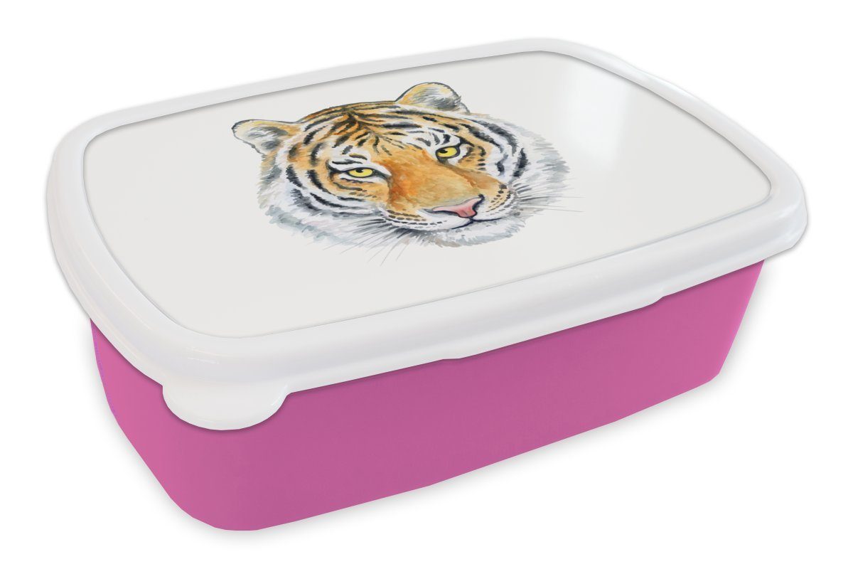 MuchoWow Lunchbox Tiger - Kopf - Gelb, Kunststoff, (2-tlg), Brotbox für Erwachsene, Brotdose Kinder, Snackbox, Mädchen, Kunststoff rosa