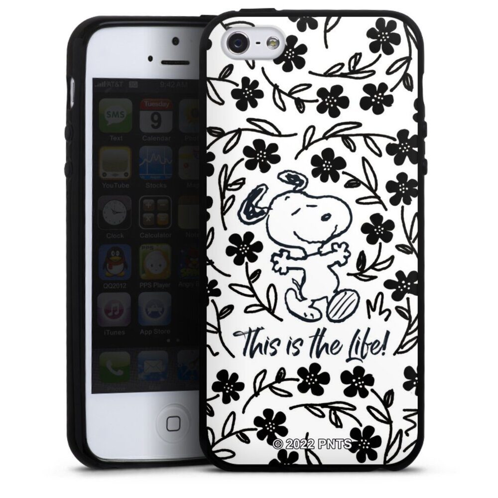 DeinDesign Handyhülle Peanuts Blumen Snoopy Snoopy Black and White This Is The Life, Apple iPhone 5 Silikon Hülle Bumper Case Handy Schutzhülle