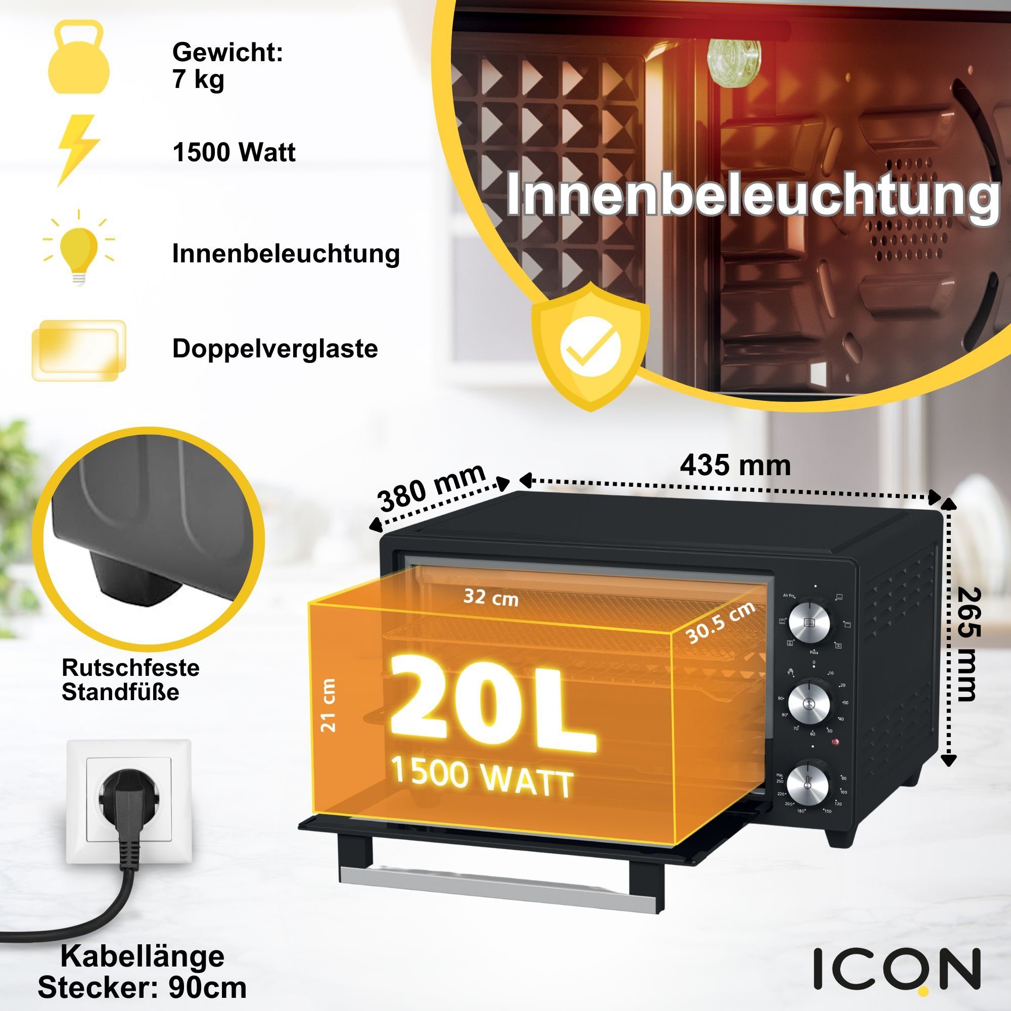 ICQN Minibackofen 20 L, Ober-/Unterhitze mit Umluft, 5 Grill-Funktion, Timer, 1500 W, Pizza-Backofen, 80°-250°C, Backblech/Grill/Krümelblech und Blechhalter