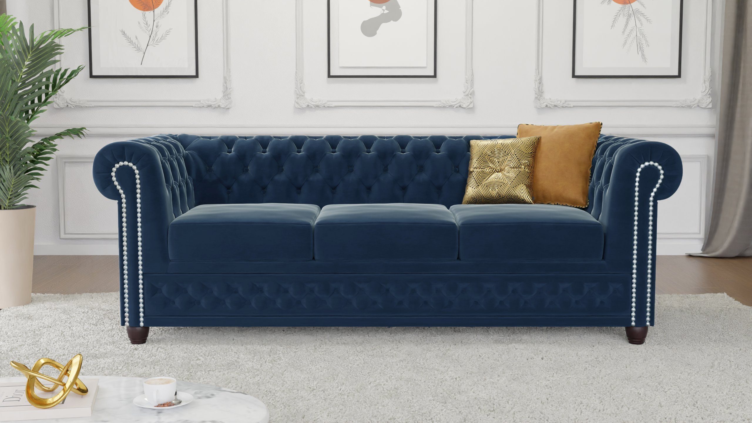 S-Style Möbel Chesterfield-Sofa Lena 3-Sitzer mit Schlaffunktion Samt Bezug