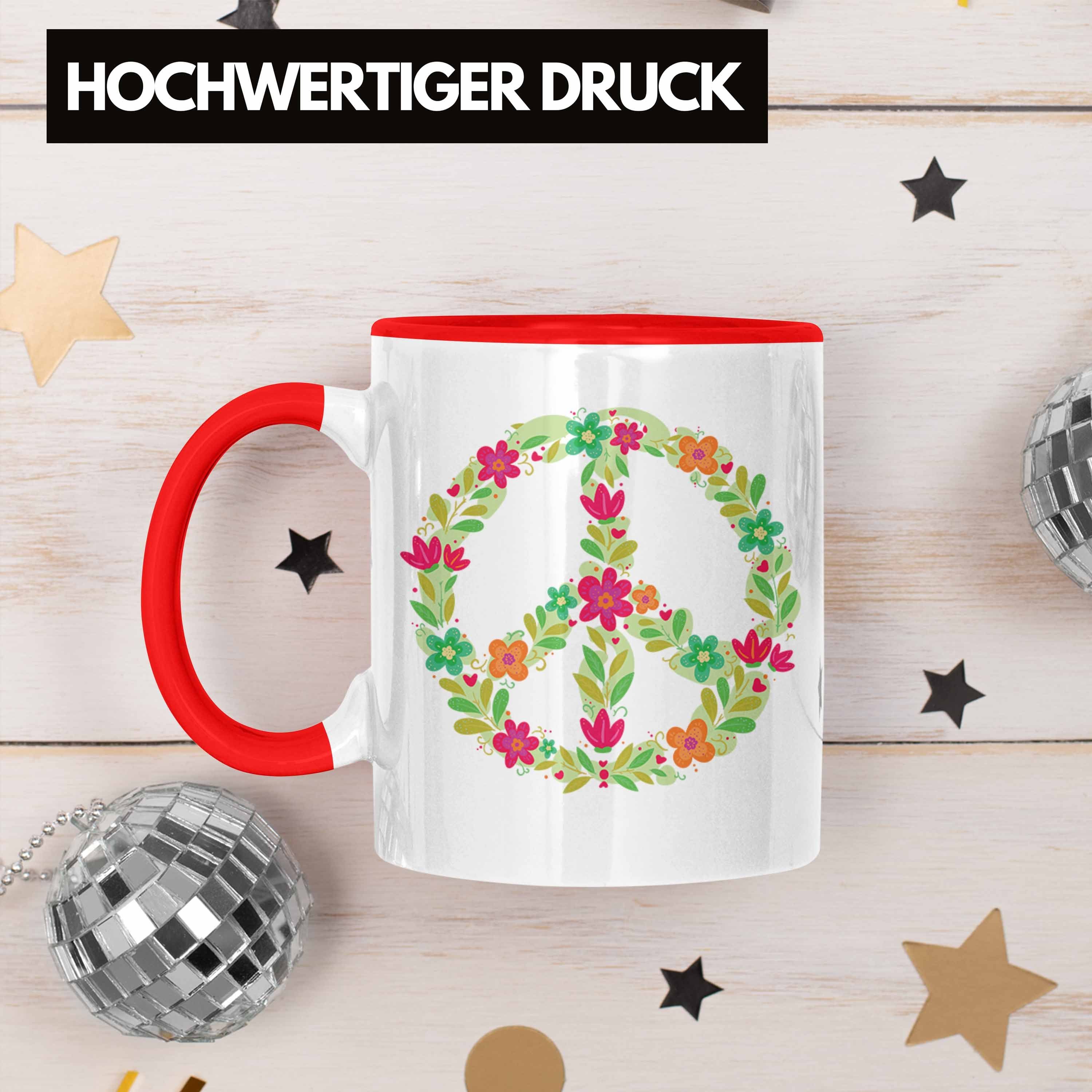 Trendation Rot Trendation - Tasse Peace Grün 80er 90er Frieden Blumen Grafik Zeichen Hippie Tasse Geschenk