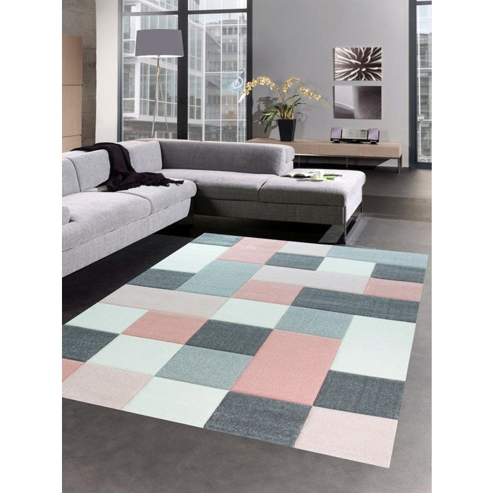 Teppich Moderner Teppich Wohnzimmerteppich Kurzflor Karo pastell rosa creme grau Carpetia rechteckig Höhe: 13 mm