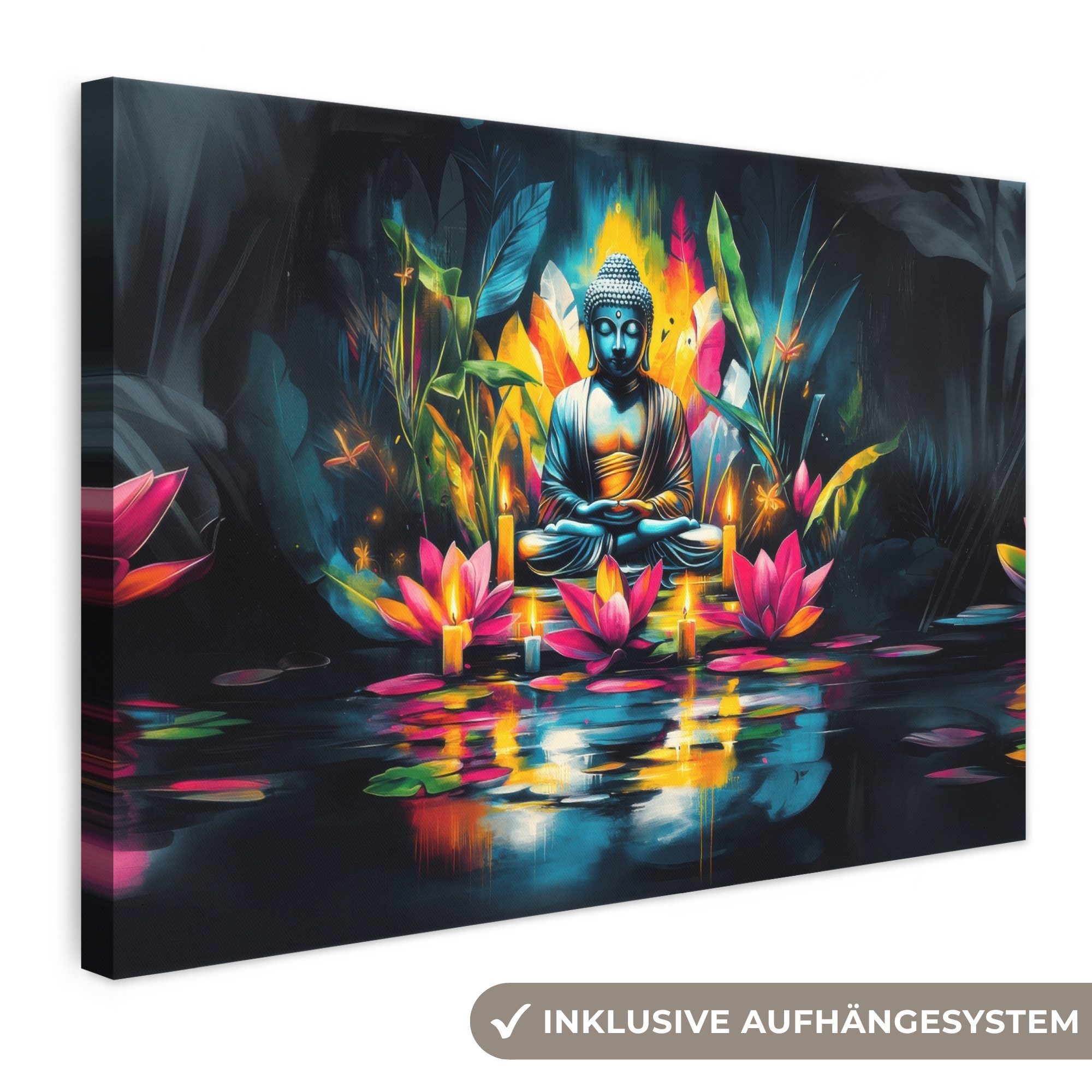 OneMillionCanvasses® Leinwandbild Kerzen - Blumen - Buddha - Wasser, Fotodruck (1 St), Leinwand Bilder Klein, Wand Dekoration Aesthetic 30x20 cm