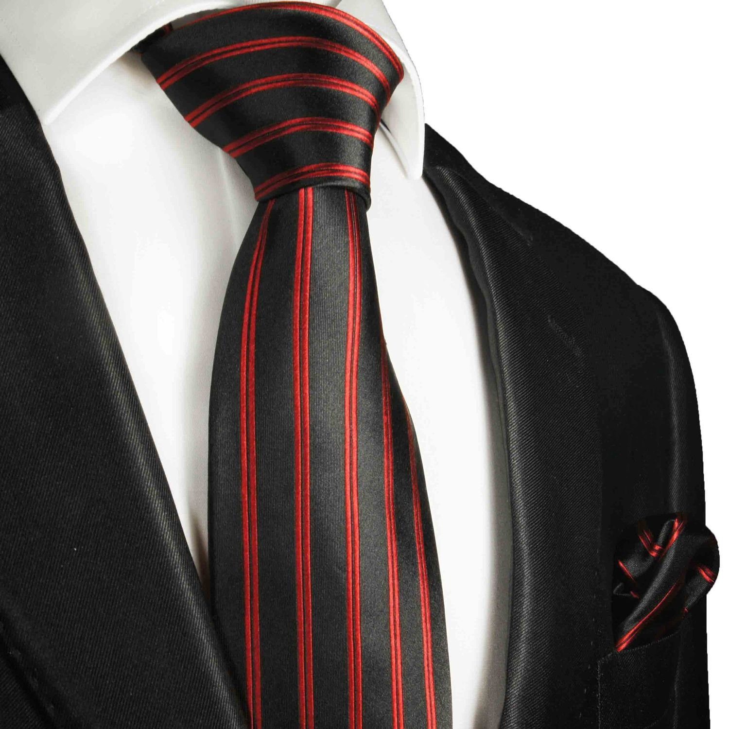 Krawatte mit Breit 2-St., rot Malone längs Herren Einstecktuch) (Set, (8cm), 100% gestreift Krawatte Seide Seidenkrawatte 988 schwarz Paul