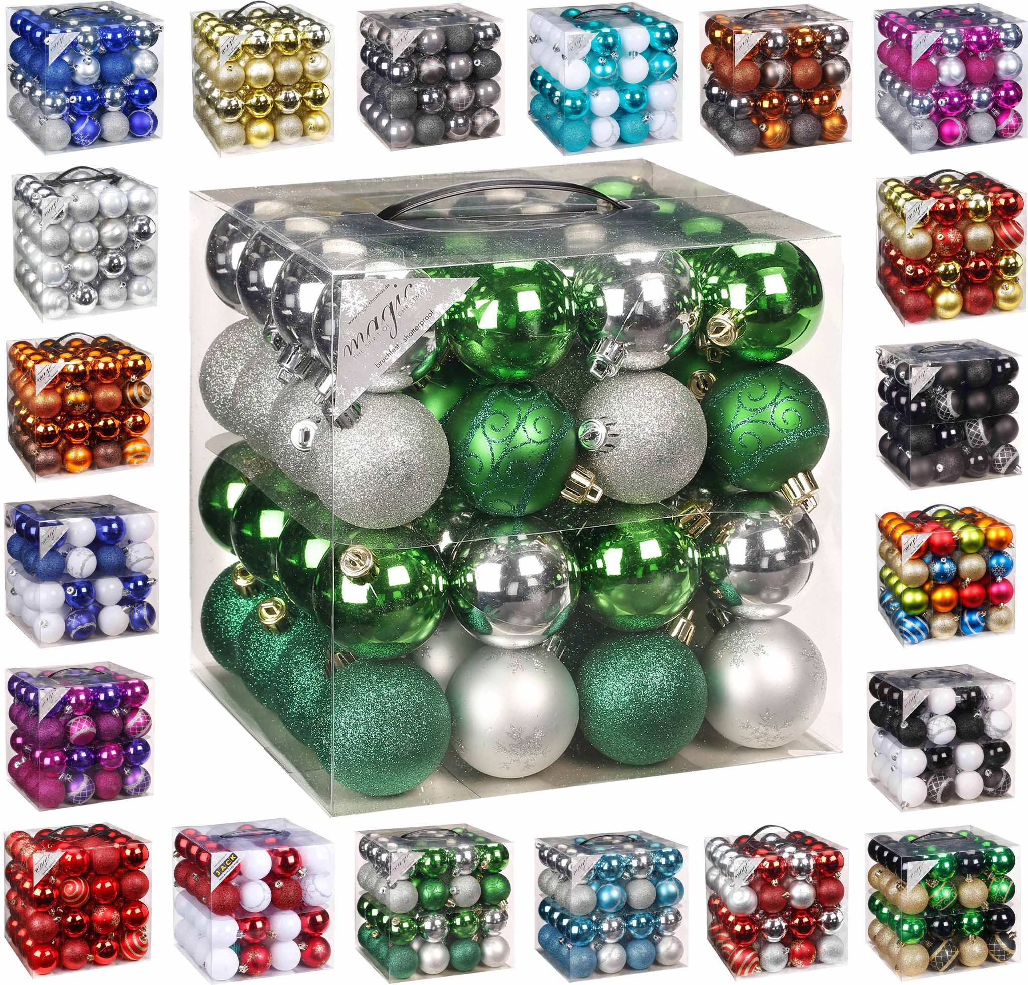 JACK Christbaumschmuck 64x Kunststoff Christbaumkugeln Ø 6cm Baum Kugeln inkl. Aufhänger, praktische Aufbewahrungsbox, Optik: matt / glänzend / glitzernd