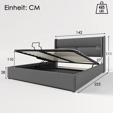 Fangqi Polsterbett Doppelbett mit Verstellbare Kopfstützen,aus Leinenmaterial Jugendbett, Stauraumbetten Betgestell 140x200 mit lattenrost