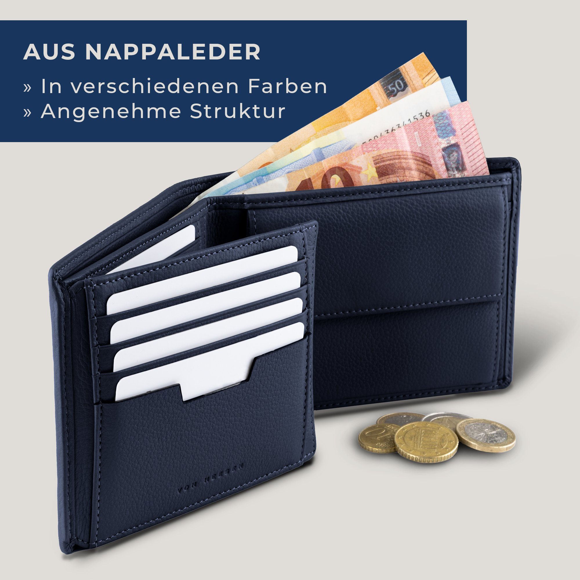 VON HEESEN Geldbörse Geldbeutel Blau mit Geschenkbox Portemonnaie Kartenfächer, & RFID-Schutz inkl. 13