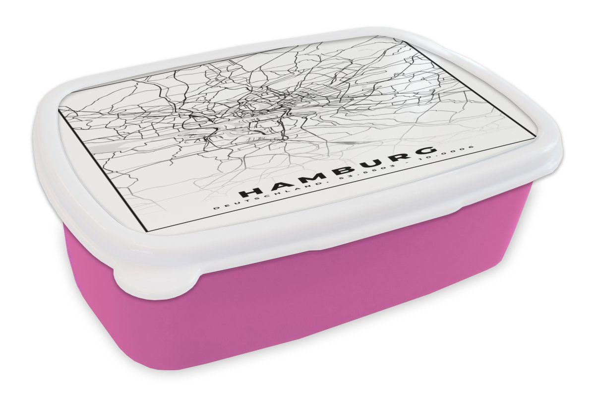 MuchoWow Lunchbox Hamburg - Karte - Stadtplan, Kunststoff, (2-tlg), Brotbox für Erwachsene, Brotdose Kinder, Snackbox, Mädchen, Kunststoff rosa