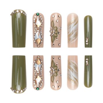 YRIIOMO Kunstfingernägel Verschleißfester, verschleißfester Glitzerpuder-Maniküre-Patch mit, grüner Blume, mittellang, abnehmbar