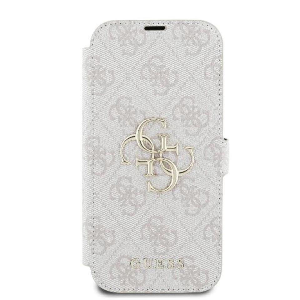 Guess Handyhülle Bookcase iPhone 16 Pro rosa Logo goldfarben aufstellbar 6,3 Zoll, Kantenschutz