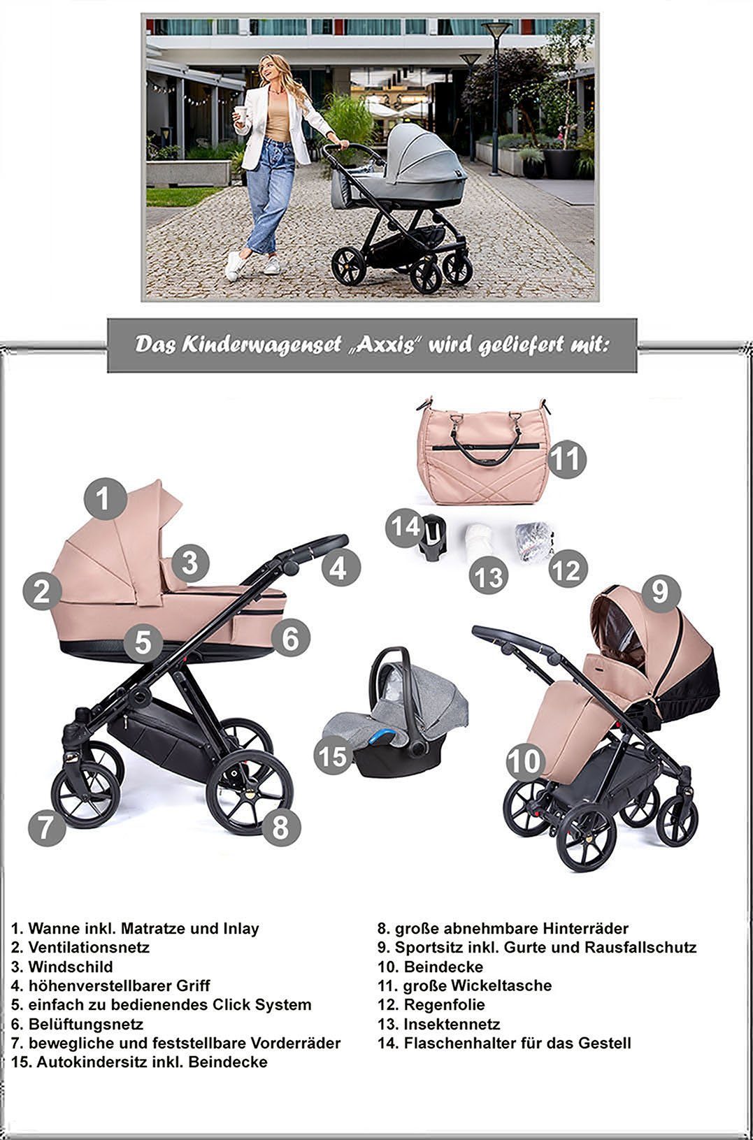 3 - 24 Kinderwagen-Set Designs Axxis - in babies-on-wheels 1 Opalgrün Gestell = 15 Teile schwarz Kombi-Kinderwagen in
