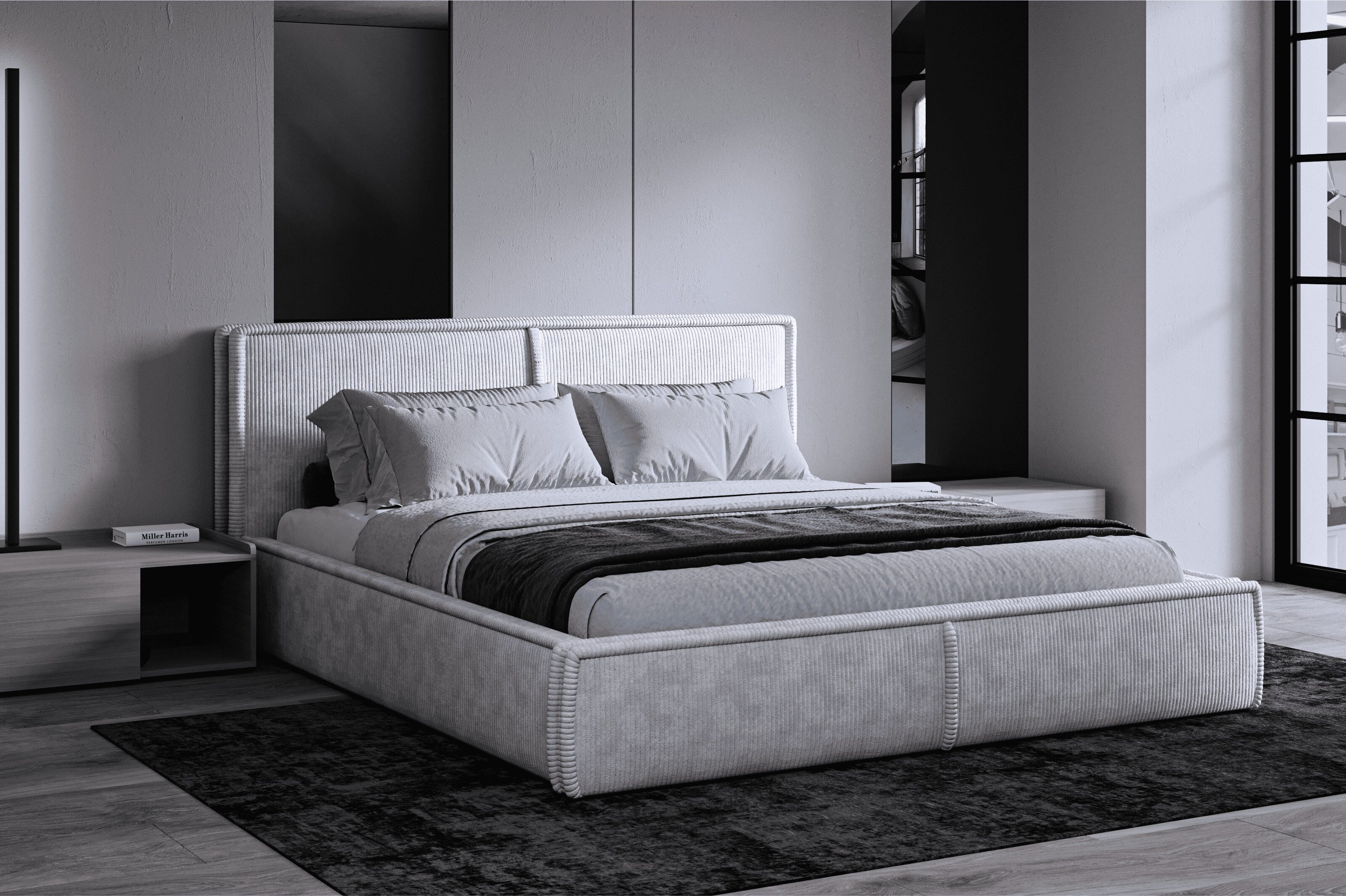 MOEBLO Polsterbett BETT 04 (Bezug: aus Cord, Doppelbett mit Kopfstütze, Rahmenbettgestell 140x200, mit Bettkasten und Lattenrost), mit Bettkasten