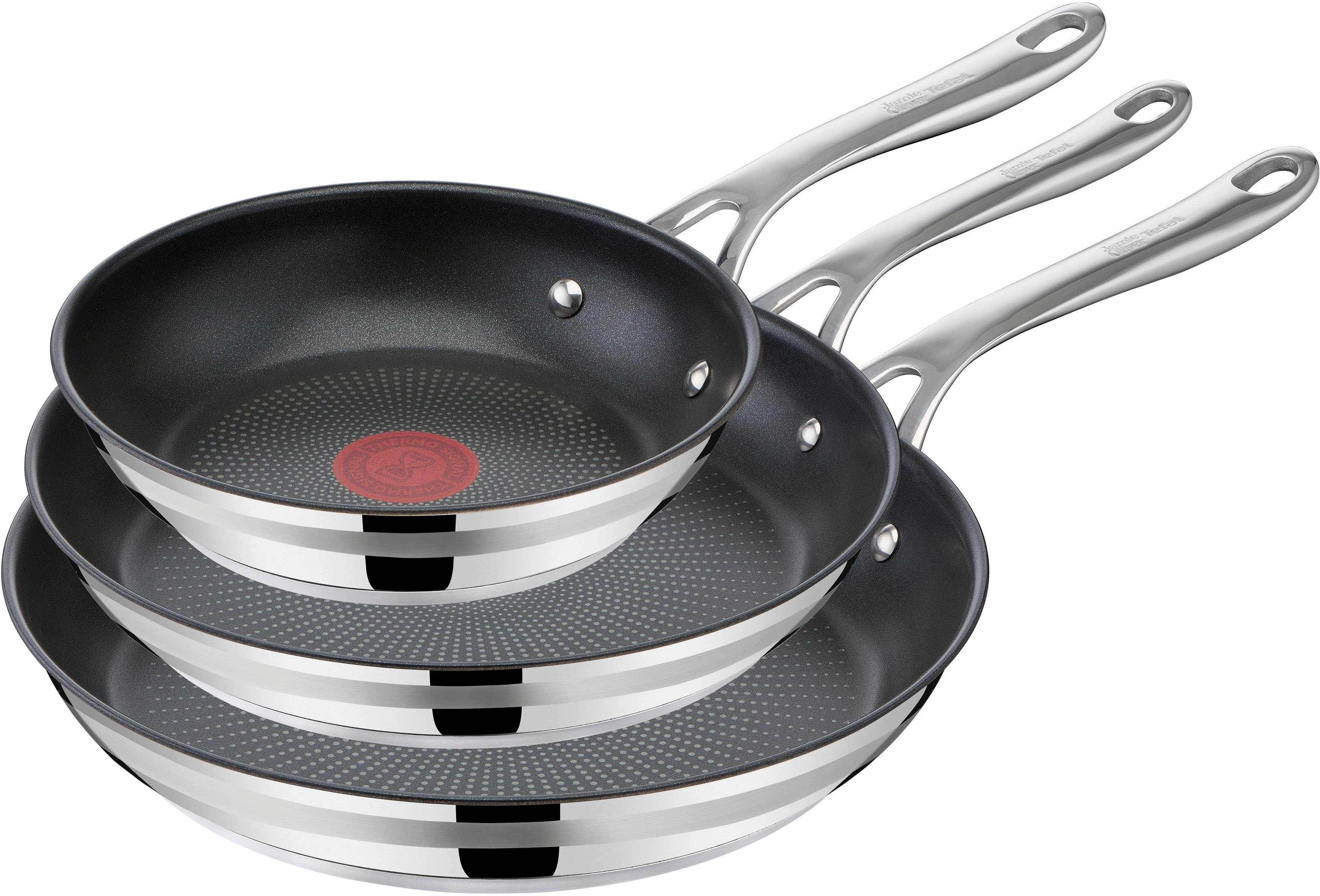 Tefal Pfannen-Set Jamie Oliver Cook Smart für alle Herdarten, Induktion, Thermo-Signal, Edelstahl (Set, 3-tlg., 3x Bratpfannen 20/24/28 cm), Antihaftversiegelung, lange Lebensdauer. ergonomischer Griff, E310S3