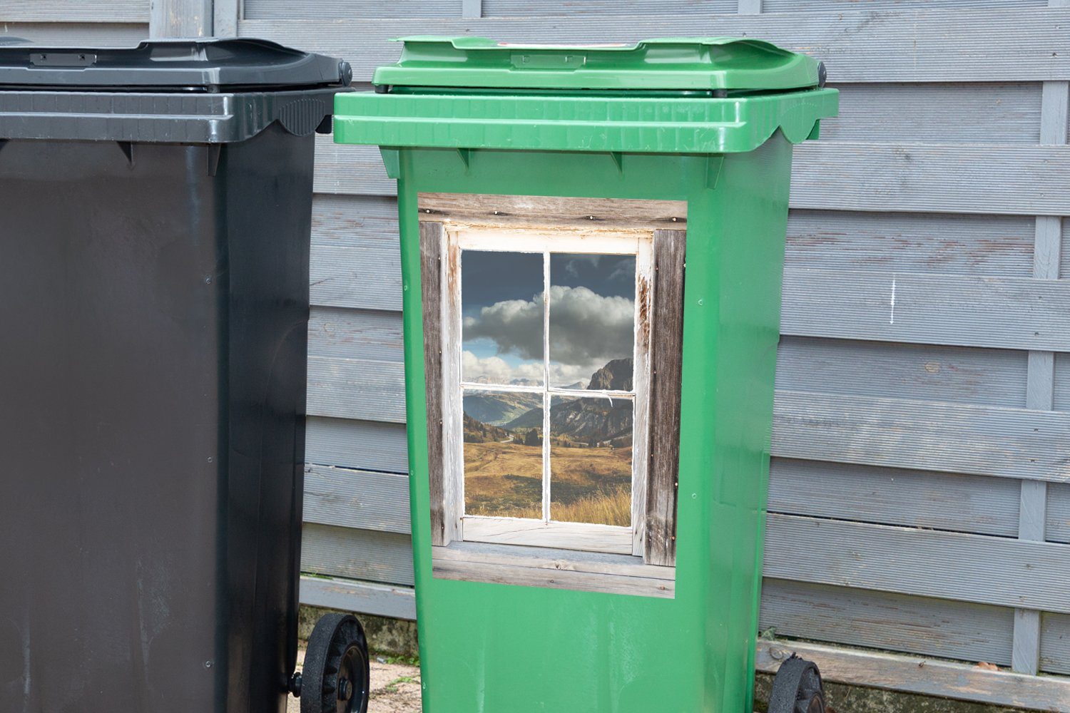 Aussicht (1 Mülleimer-aufkleber, Container, Wandsticker Mülltonne, Sticker, Berg - Holz St), - Abfalbehälter MuchoWow