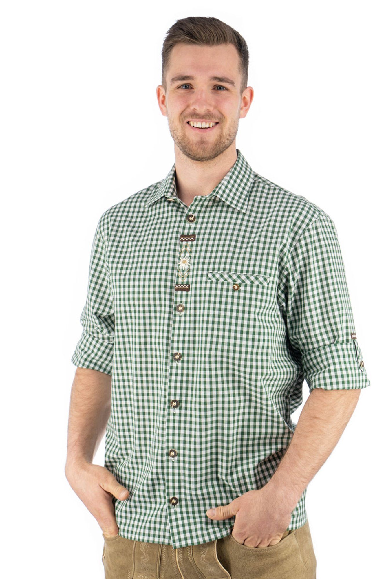 Edelweiß-Stickerei Smoba auf Knopfleiste khaki/schlamm der OS-Trachten Langarmhemd Trachtenhemd Paspeltasche, mit
