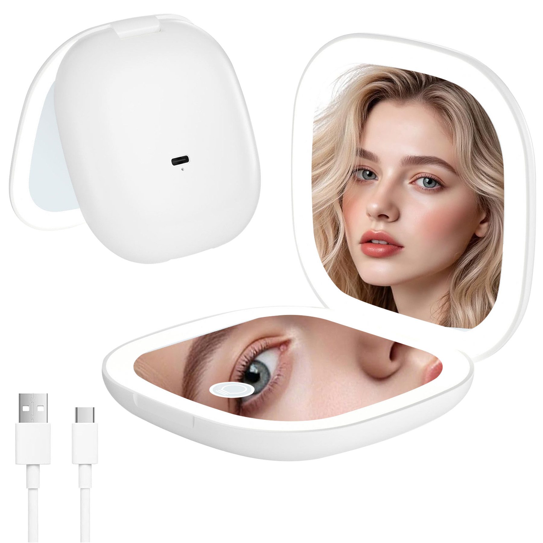 Senmudi Schminkspiegel Schminkspiegel Kompakt,10x Vergrößerung Taschenspiegel mit LED Licht (Zweiseitiger Kosmetikspiegel mit USB-Aufladung, 3 Farben,Helligkeit einstellbar Tragbarer Kleiner Reisespiegel), für Zuhause Reise Makeup Tragbarer Handspiegel als Geschenk