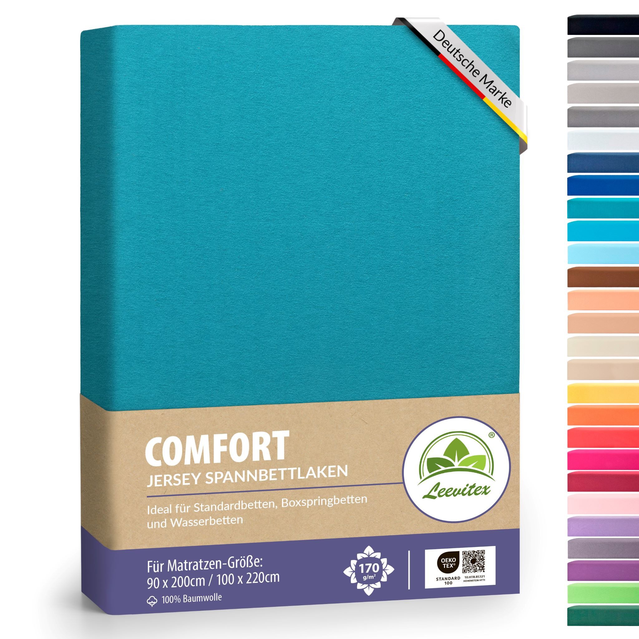 leevitex® Spannbettlaken verschiedene Größen, Stoffgewicht 170 g/m², 40 cm Steghöhe, Jersey, Gummizug: rundum, (1 Stück), verschiedene Farben, OEKO-TEX® STANDARD 100 zertifiziert