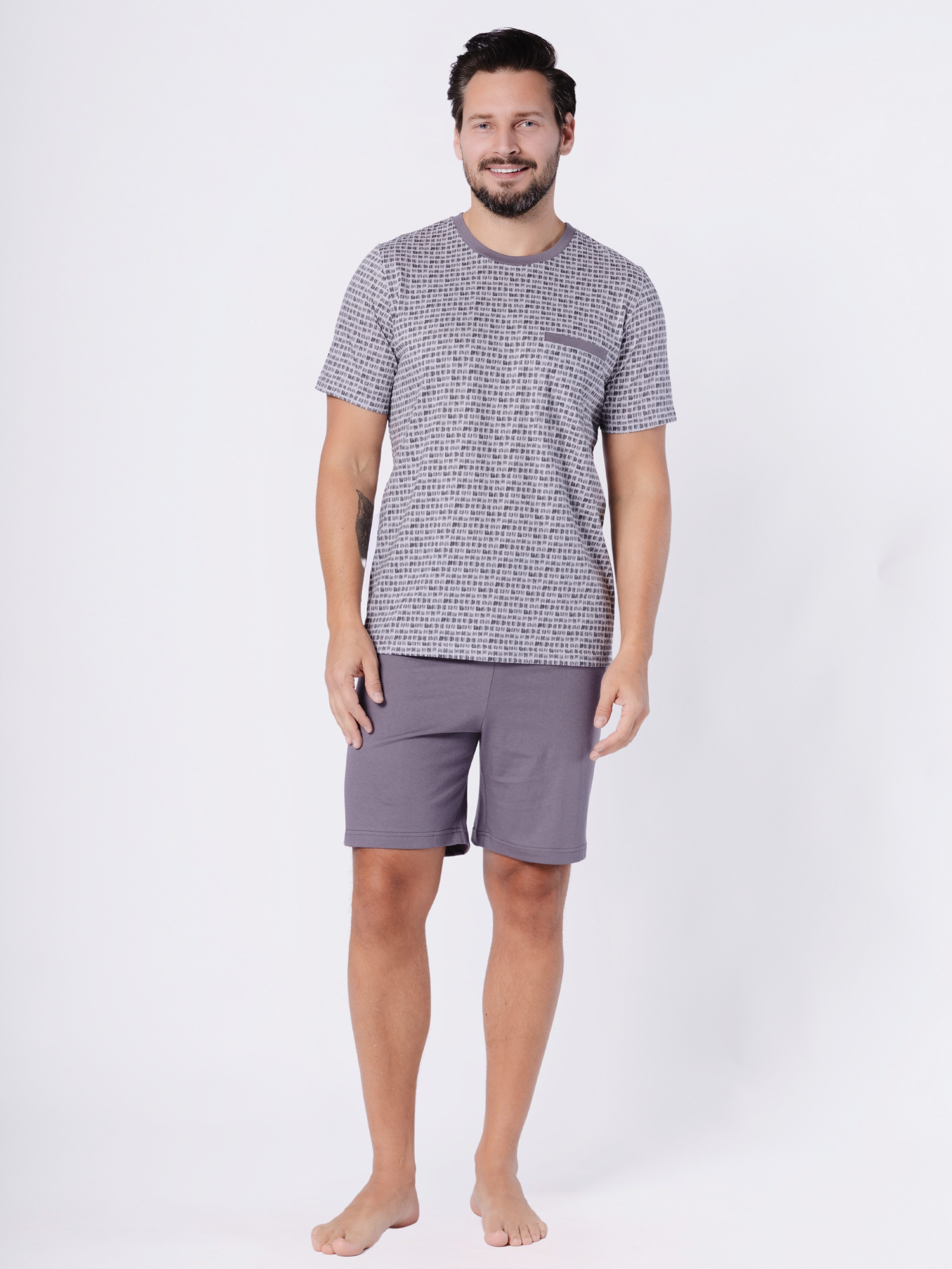 HOTBERG Shorty Herren Pyjama-Set kurz Baumwolle (2 tlg) Shirt mit Karomuster & kurze Schlafhose in grau