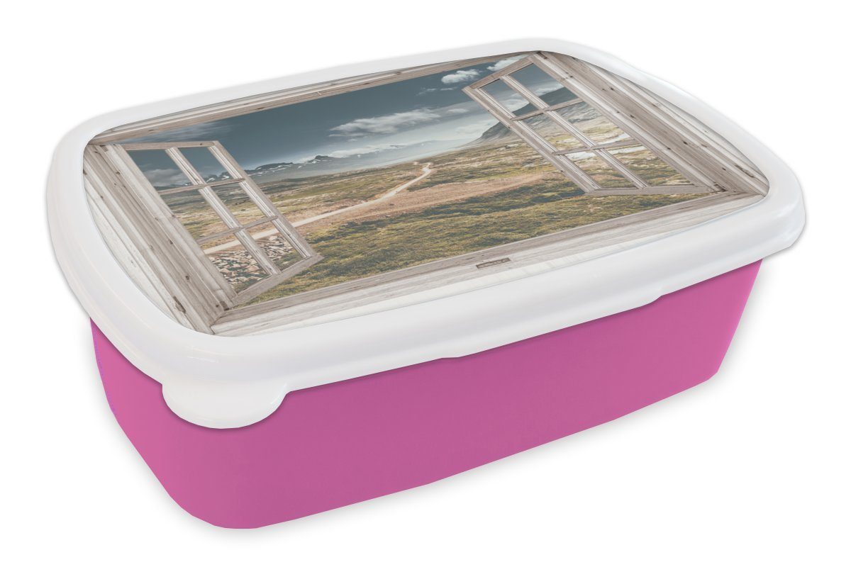 MuchoWow Lunchbox Aussicht - Berg - Holz, Kunststoff, (2-tlg), Brotbox für Erwachsene, Brotdose Kinder, Snackbox, Mädchen, Kunststoff rosa