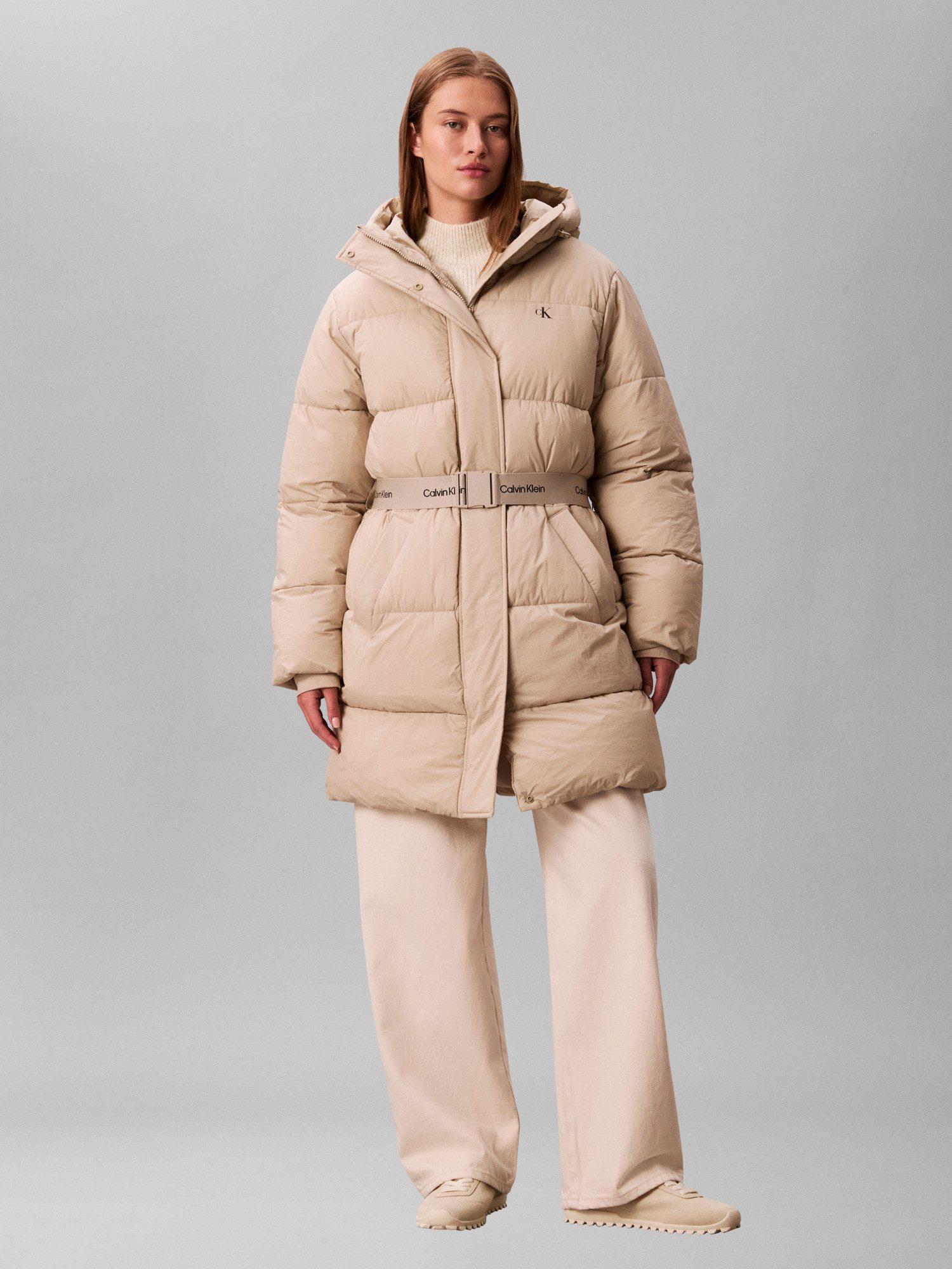 Calvin Klein Jeans Steppmantel BELTED MIDWEIGHT LONG PUFFER Mit Rundhalsausschnitt, regular fit