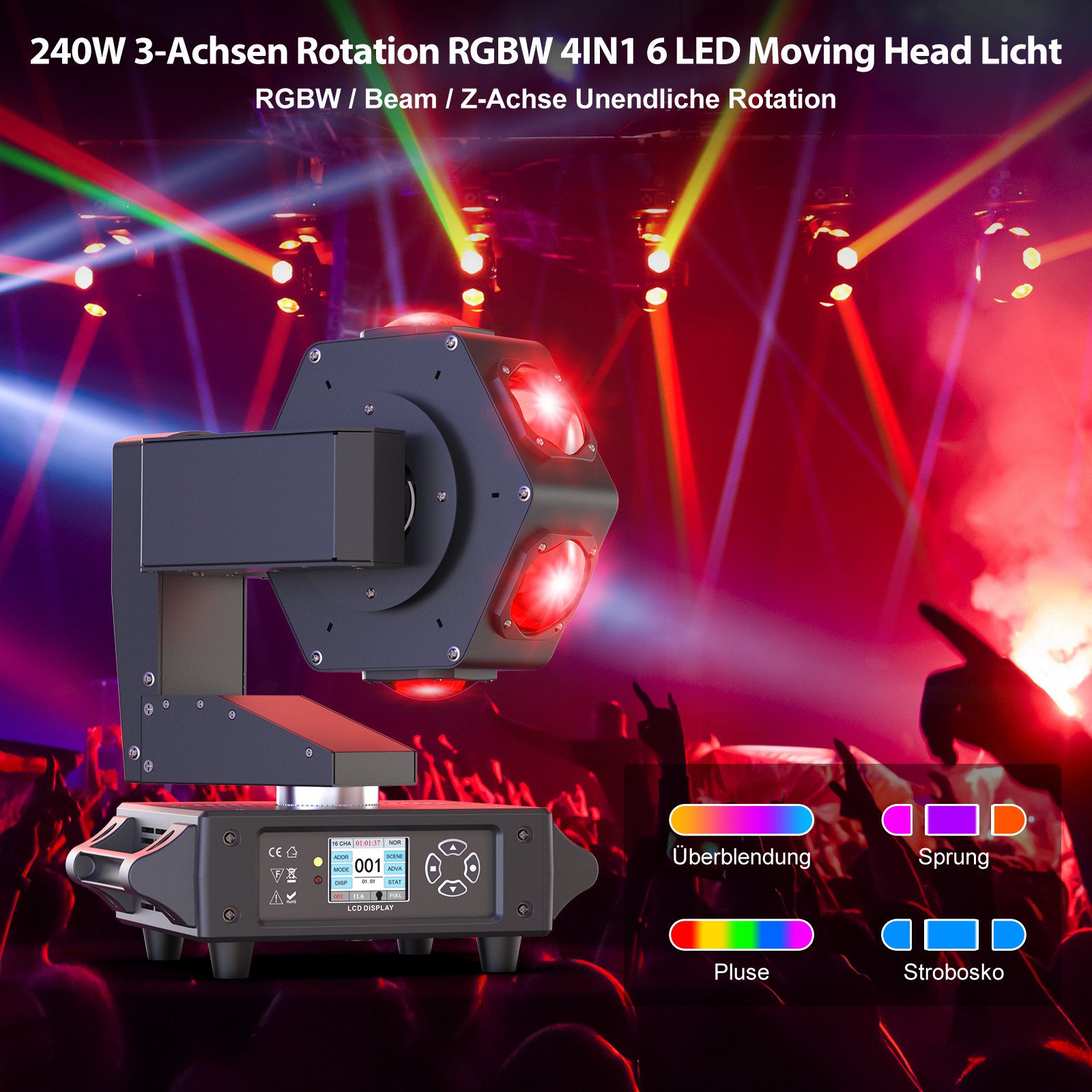 ZonQoonz Discolicht 240W Moving Head Scheinwerfer mit XYZ-Dreiachsenrotation für DJ Party