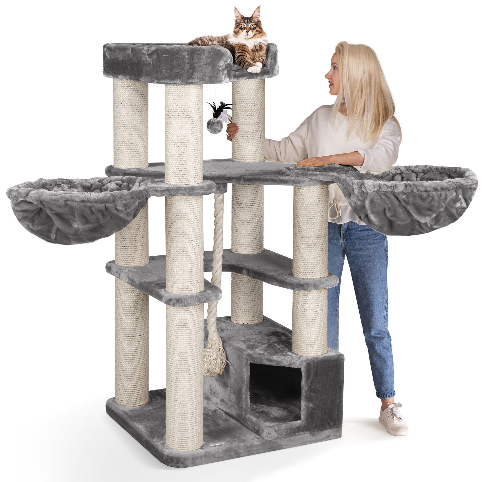 Happypet Kratzbaum OSCAR, 161 cm hoch, 12 cm Dicke Stämme für schwere Katzen, 600g Plüsch von Happypet