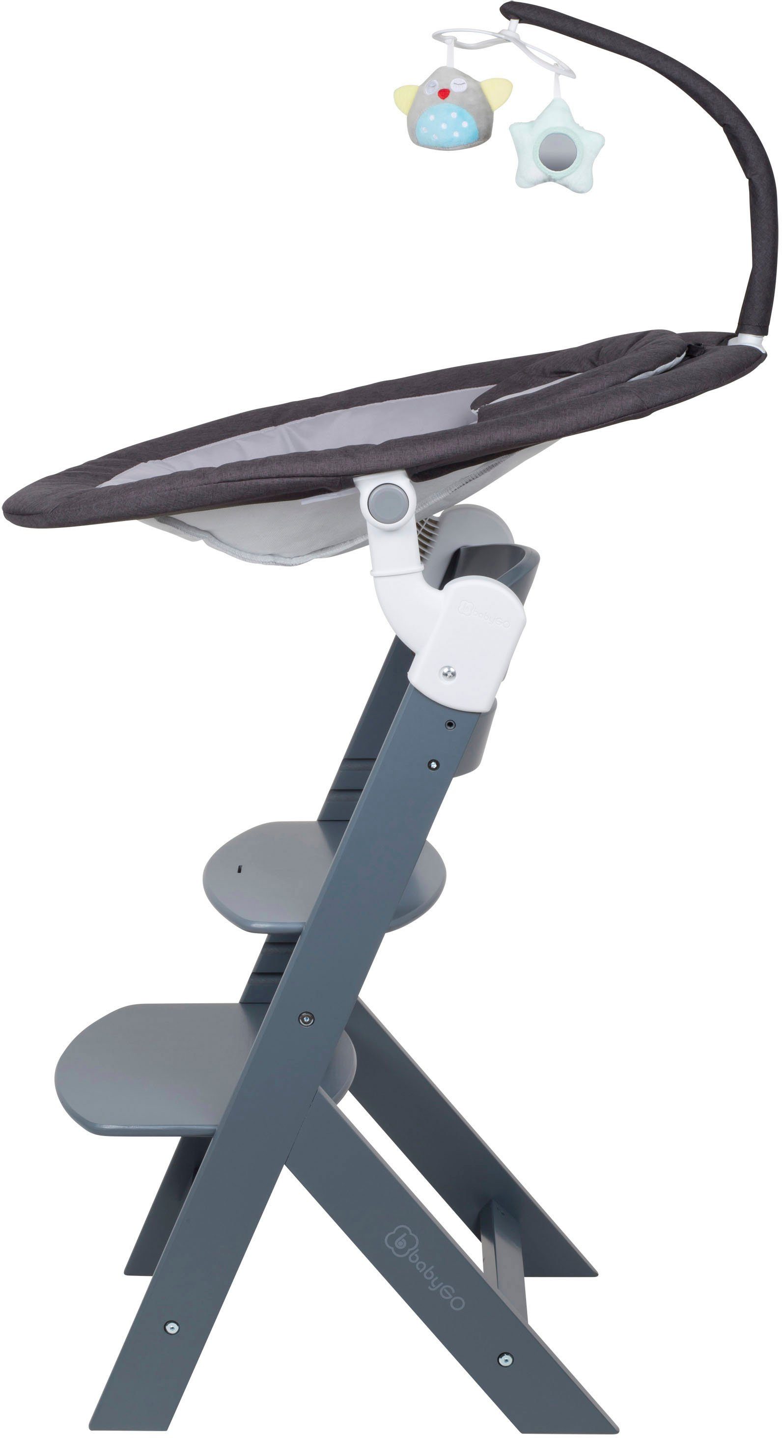BabyGo Hochstuhl Family Homey Set, grau/dunkelgrau, mit elektrischer Babywippe inkl. Spielbogen