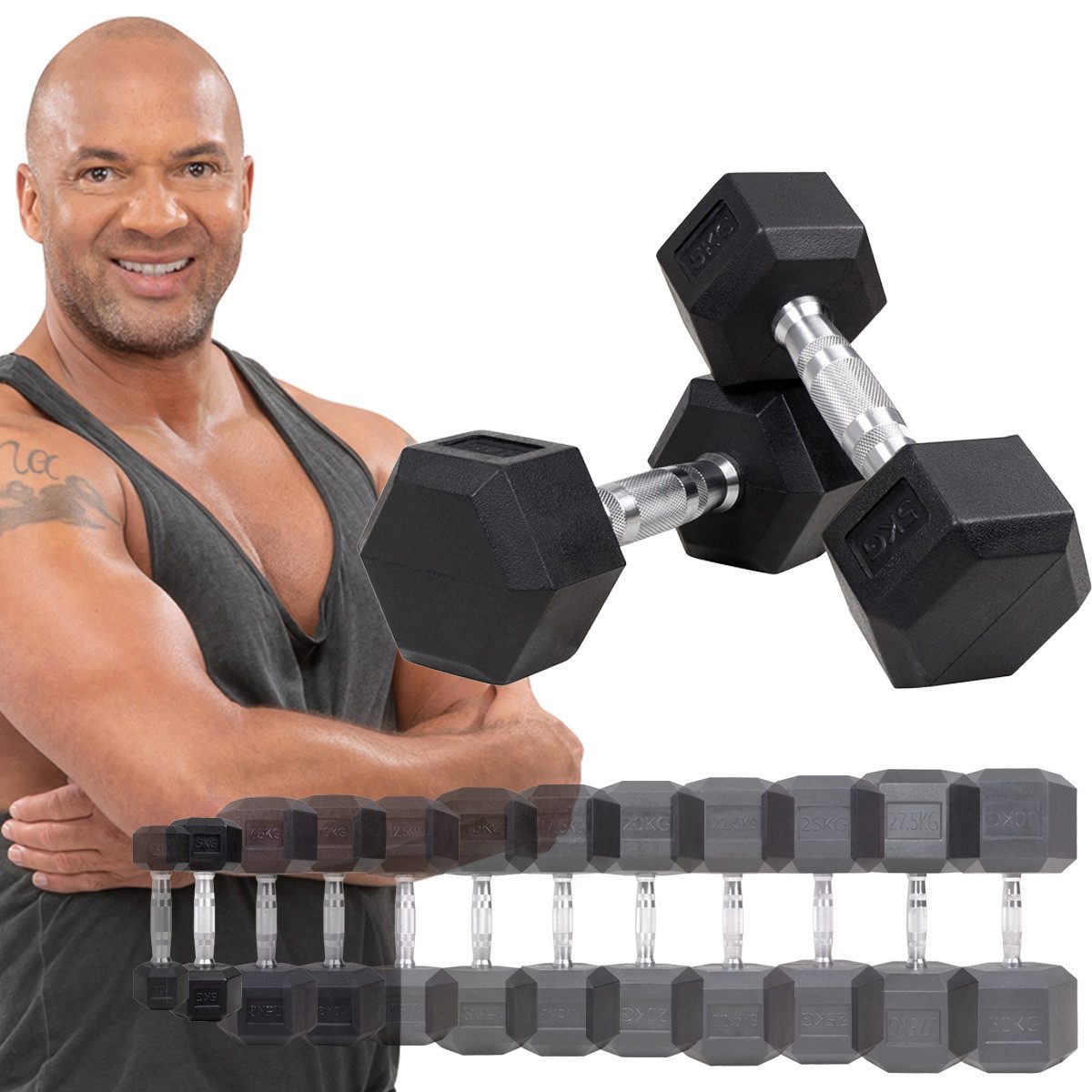 Miweba Sports Hantel-Set Premium Hexagon Kurzhantel Set HGH100 - 7 verschiedene Вариантыn, (2er-Set, Hantelpaar, Gusseisen-Kern, kreuzgerändelte Struktur, konische Form), Hantelgewichte Gewichte Fitness Sport Hantel Kurzhantel Set