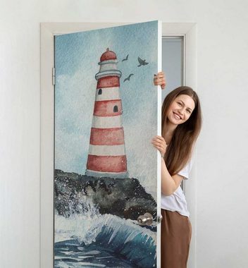 MyMaxxi Dekorationsfolie Türtapete gemaltes Gemälde mit Leuchtturm am Meer