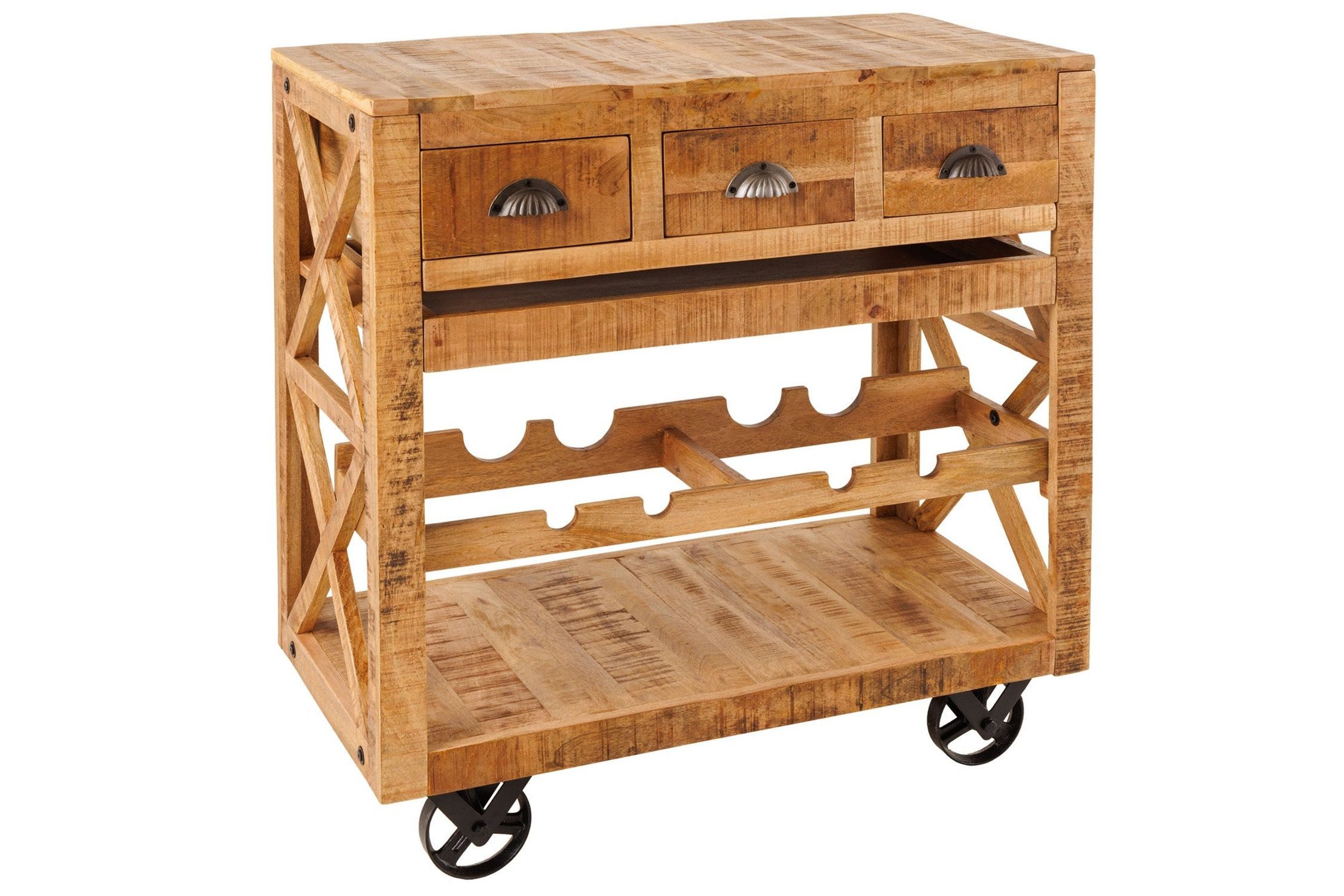 Licht-Erlebnisse Barschrank GAVOL Mango Holz mit Rollen B: 86 cm Industrial Küche Hausbar