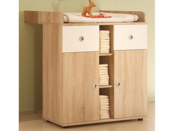 möbelando Babymöbel-Set Floris, (3-St), Modernes Babyzimmer aus Spanplatte in Sonoma-Eiche Nachbildung, Absetzungen in Weiß bestehend aus 1x Wickelkommode, 1 Babybett und 1 Kinder-Kleiderschrank.