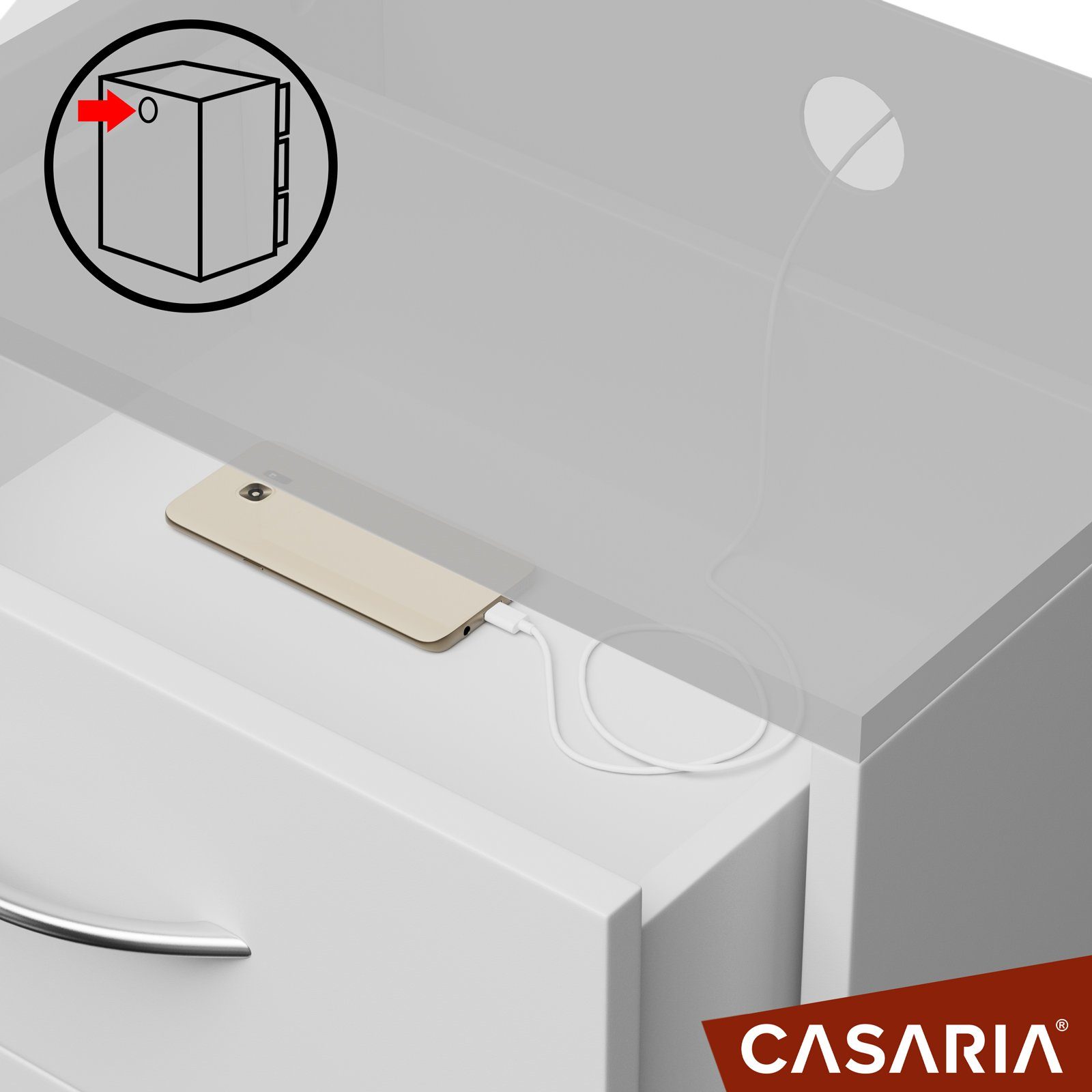 Casaria Nachttisch Wandbefestigung Boxspringbett 3 mit (1-St), Schubladen Kabelführung Eloise LED Weiß