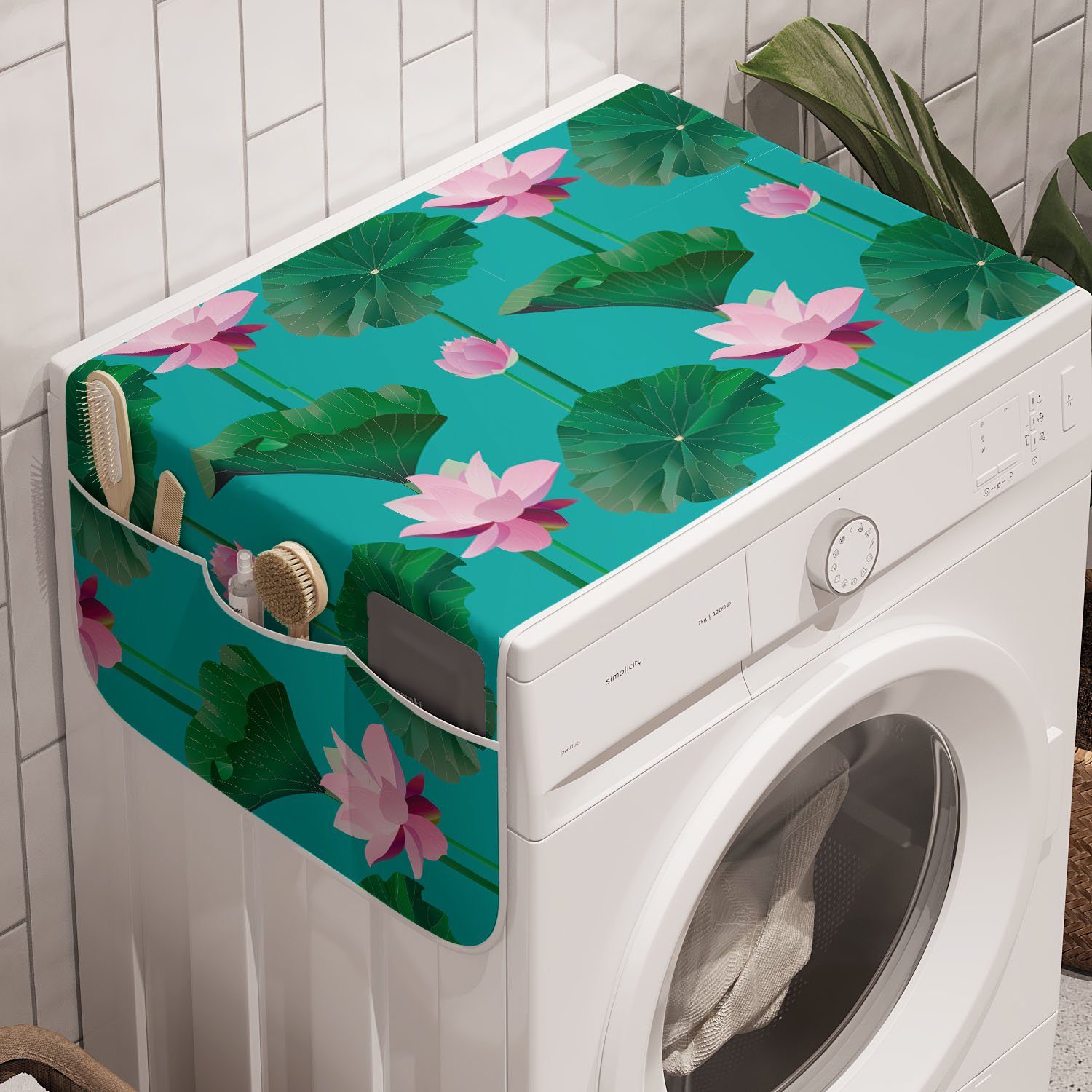 Trockner, Blau Badorganizer für Und Waschmaschine Lotus-Blätter und Pink Abakuhaus Anti-Rutsch-Stoffabdeckung