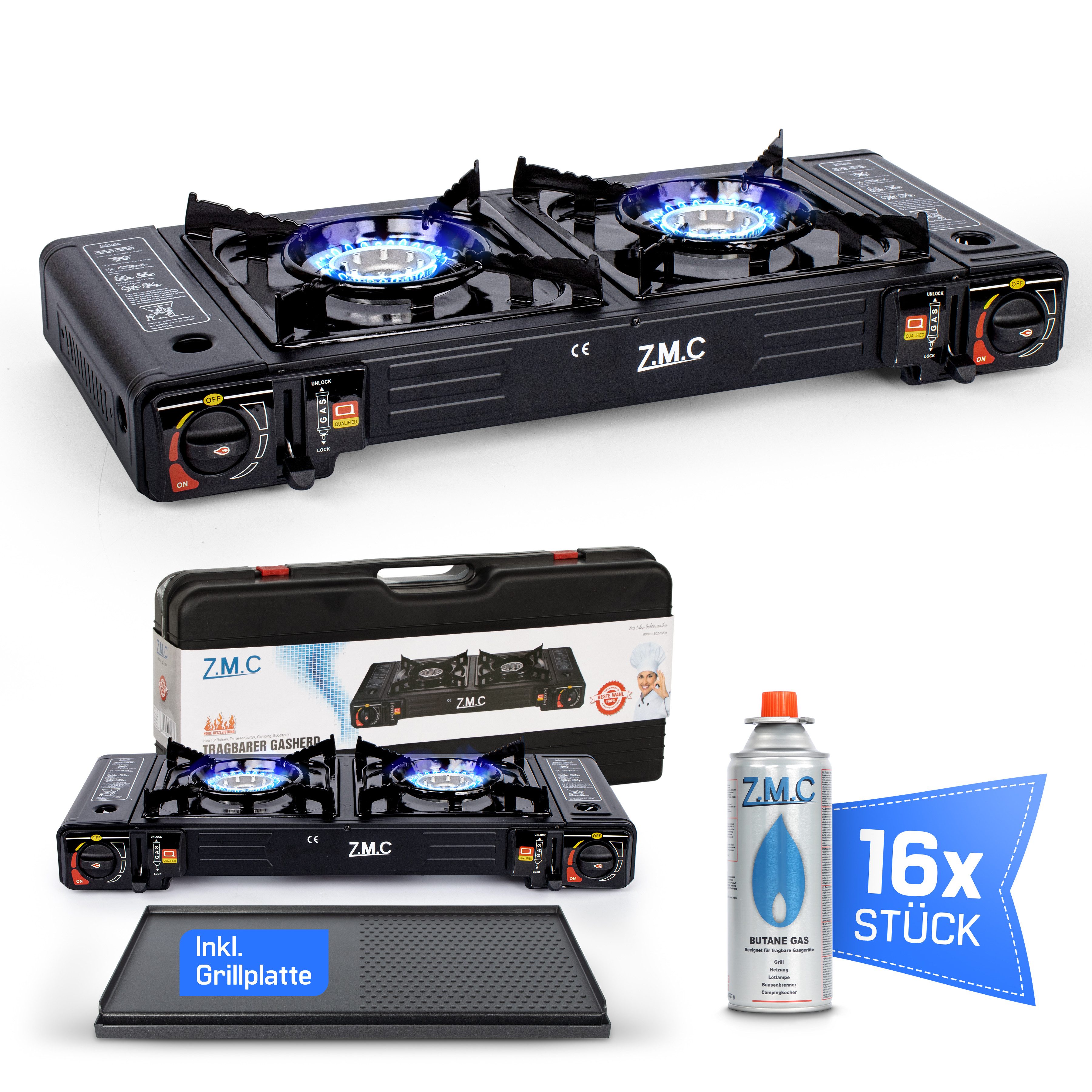 ZMC Gaskocher 2in1 Campingkocher mit Grillplatte 2 Flammig + 16x Gaskartuschen 227g, (mit Piezozündung Grill Platte Tischgrill Doppel Gasbrenner Gasgrill Kochfeld mit LPG Anschluß Wärmeleistung: 2,3KW), Outdoor Camping Gas Kocher Butan Gas Gaskocher Herd Butangas