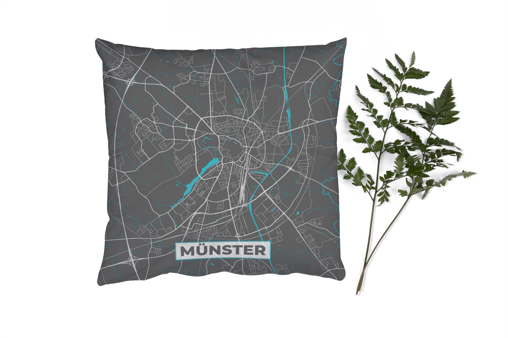 MuchoWow Dekokissen Stadtplan - Karte - Münster - Blau - Deutschland - Karte, Zierkissen mit Füllung für Wohzimmer, Schlafzimmer, Deko, Sofakissen