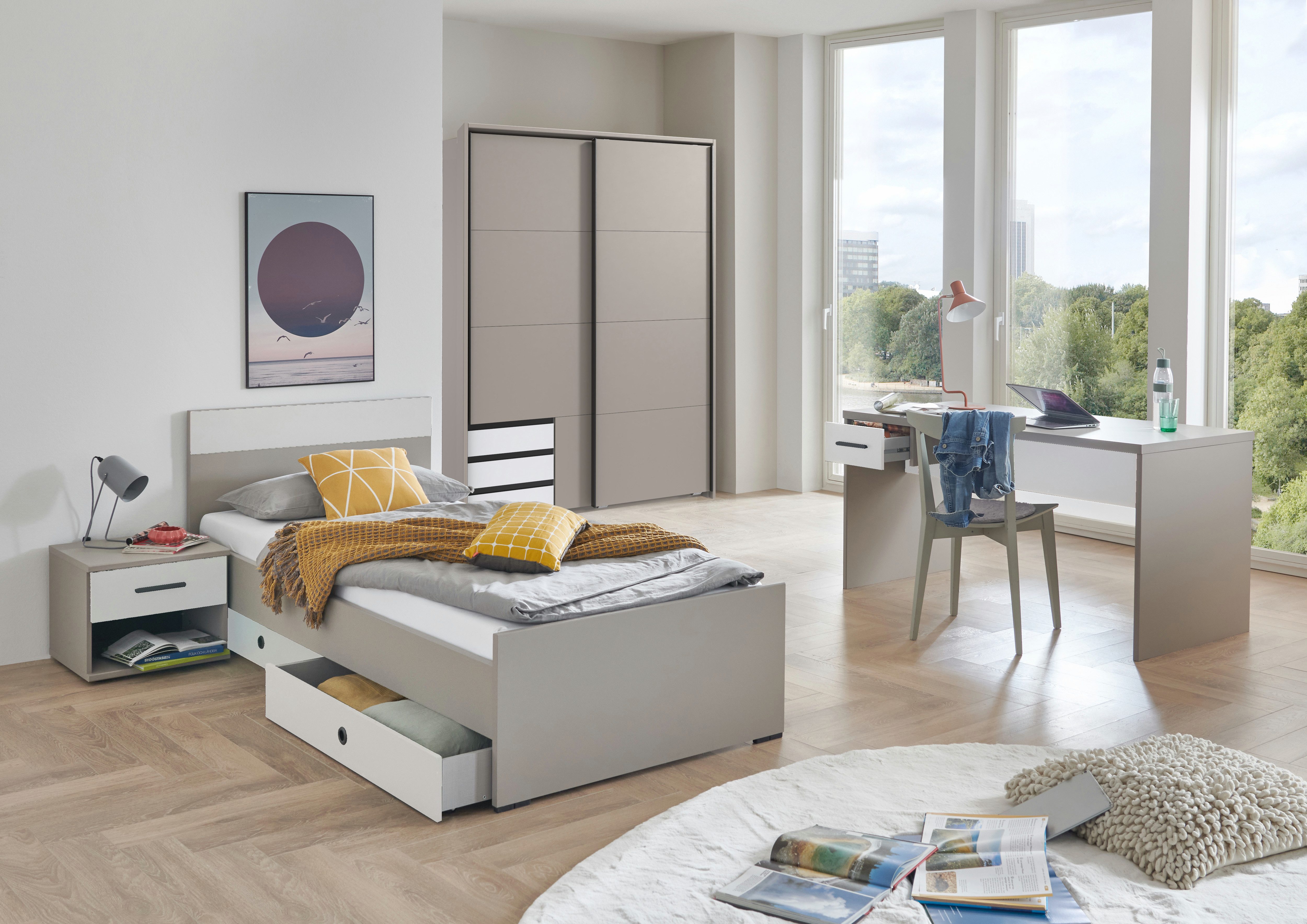 möbel-direkt.de Jugendzimmer-Set Bahamas in Saharagrau und Weiß oder Grafit mit Schwebetürenschrank, (Komplett Set, 7-tlg., in verschiedenen Zusammenstellungen wählbar), robuste, pflegeleichte Oberflächen