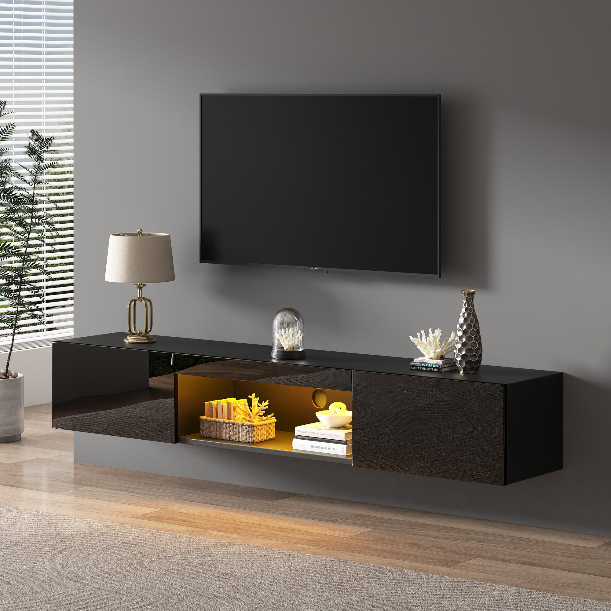 Merax Lowboard hängend mit Türen und offenes Fach, Fernsehtisch hochglanz,TV-Schrank mit LED,TV-Ständer,APP,B:160cm