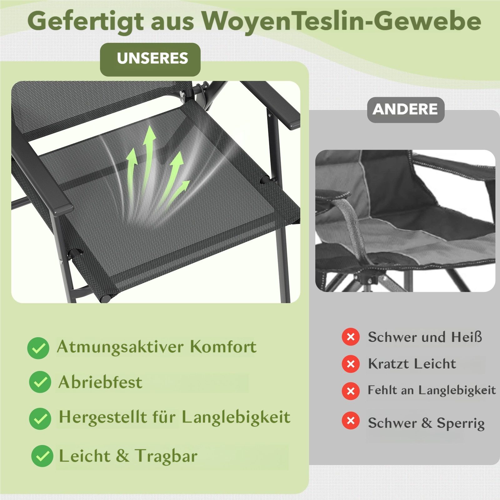 TLGREEN Klappstuhl Eisen-Gartenstuhl mit atmungsaktivem Teslin-Gewebe, (Armlehnen & hoher Rückenlehne, allwettertauglich, 2 St), – für Garten, Pool, Camping – Bild 3 von 5