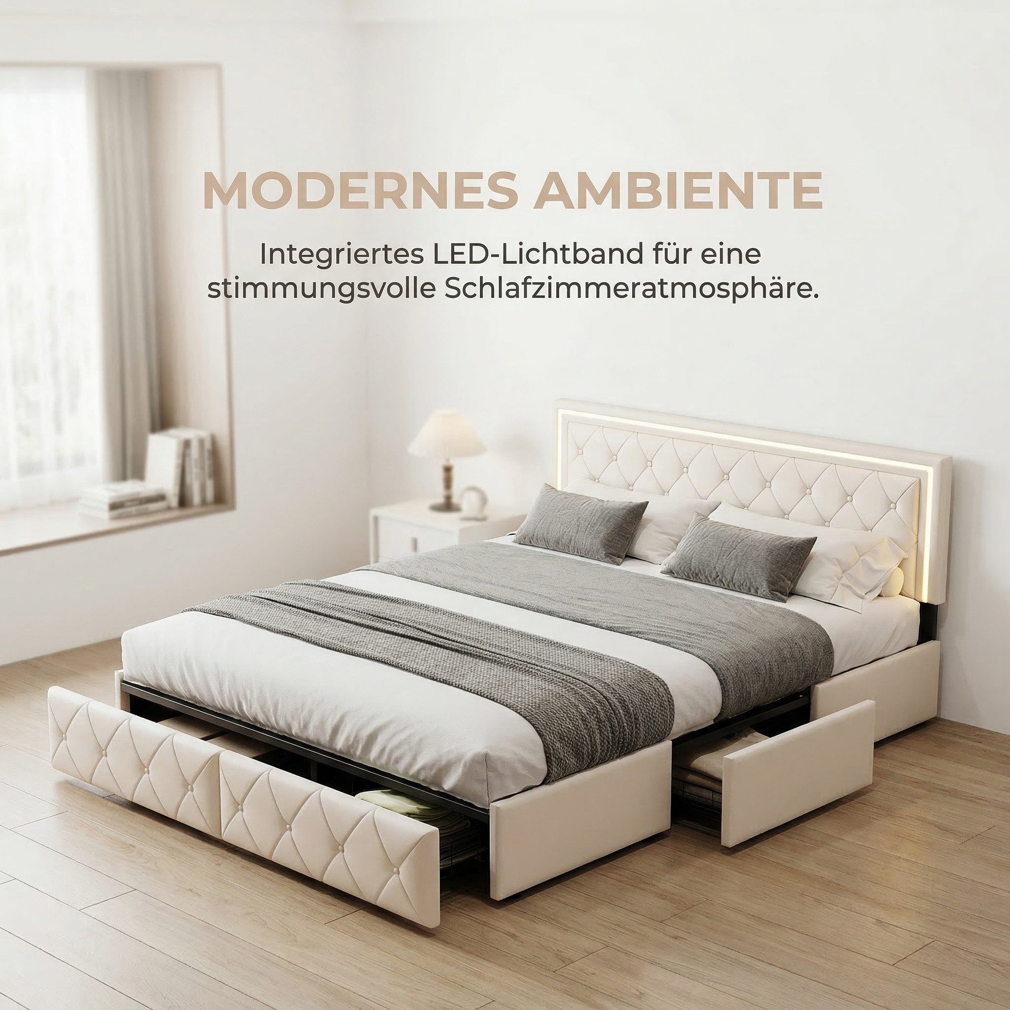 PXloue Polsterbett LED Doppelbett Stauraumbett (1 tlg., Kopfteil hochstellbar), mit 3 Schublade, LED-Beleuchtung, Gepolsterte Rückenlehne, 140x200cm