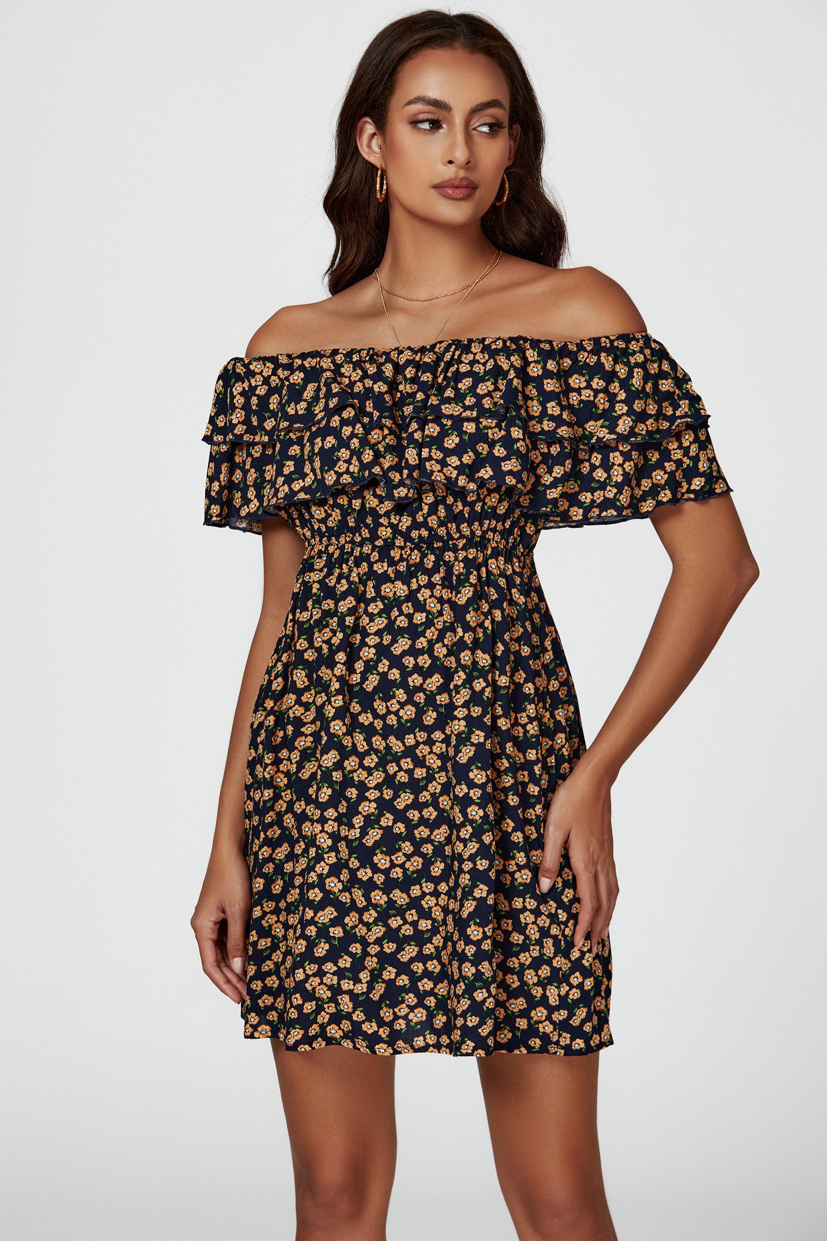 FS Collection Minikleid Damen Minikleid Bardotkleid Sommerkleid Partykleid Off Shoulder (XS (EU:36 / UK:8) · S (EU:38 / UK:10) · M (EU:40 / UK:12) · L (EU:42 / UK:14) · XL (EU:44 / UK:16), 4 Farben: Staubblau, Schwarz-Gelb, Schwarz-Rosa und Rot) Schwarz-Gelb/-Rosa 100% Viskose, Blau/Rot 100% Polyester