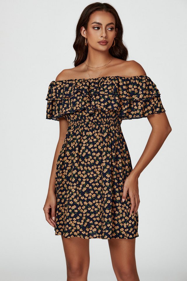 FS Collection Minikleid Damen Minikleid Bardotkleid Sommerkleid Partykleid Off Shoulder (XS (EU:36 / UK:8) · S (EU:38 / UK:10) · M (EU:40 / UK:12) · L (EU:42 / UK:14) · XL (EU:44 / UK:16), 4 Farben: Staubblau, Schwarz-Gelb, Schwarz-Rosa und Rot) Schwarz-G