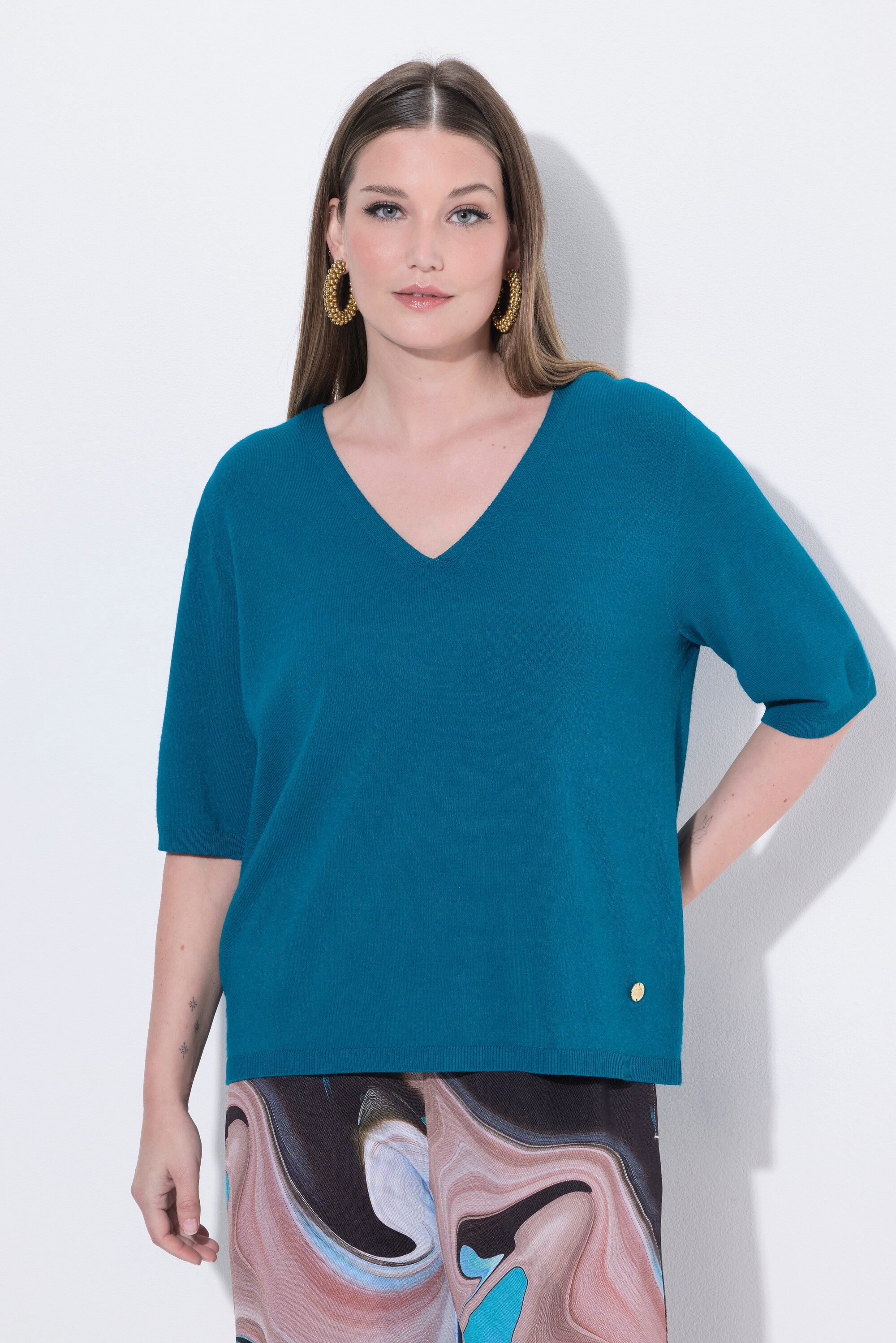 Ulla Popken Strickpullover Pullover elastischer Saum V-Ausschnitt Halbarm