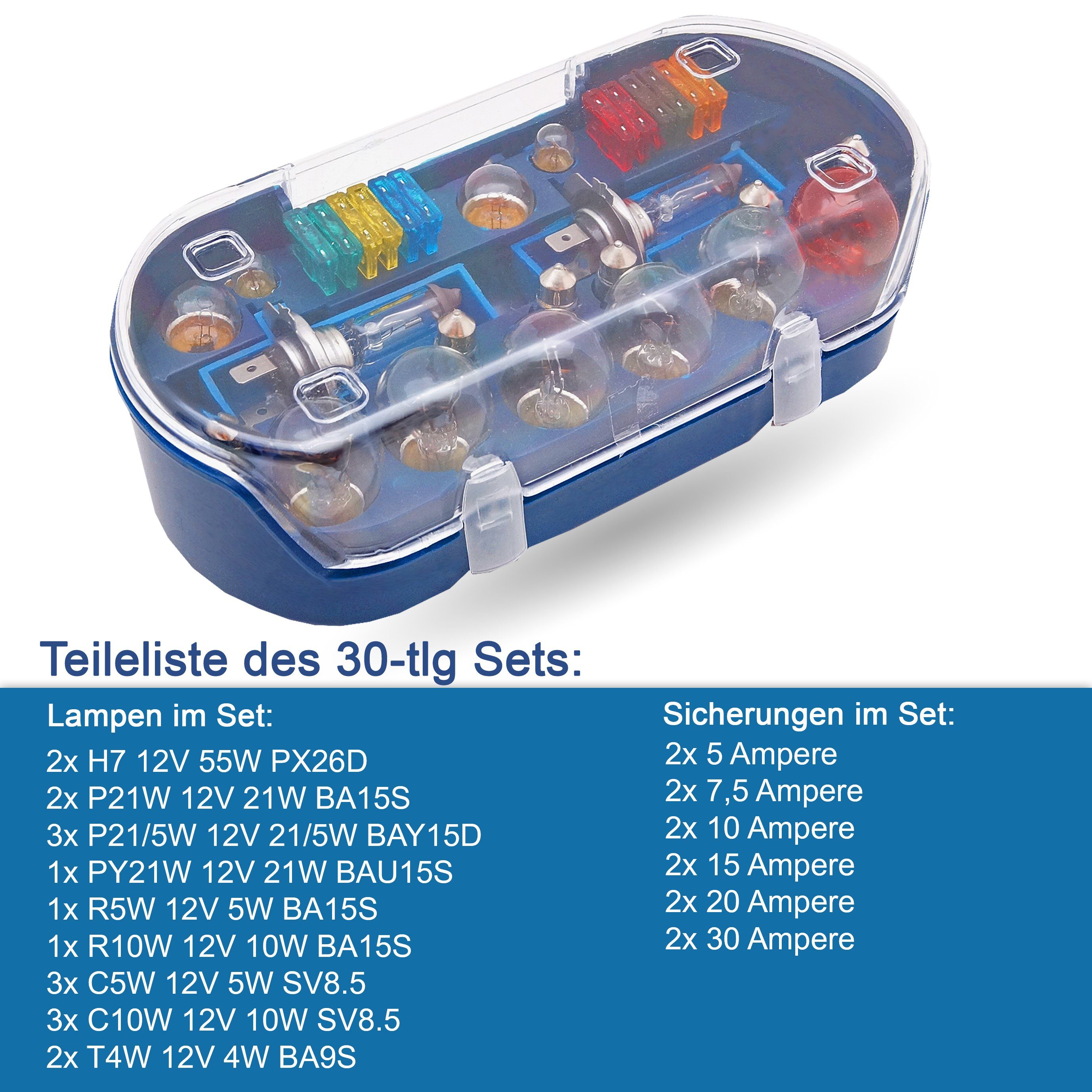 bemiX KFZ-Ersatzleuchte H7 Autolampen Set mit Sicherungen 30tlg PKW Ersatzlampenbox Auto Lampe, H7-PKW, Warmweiß, Autolampen 12 Volt – Bild 4 von 5