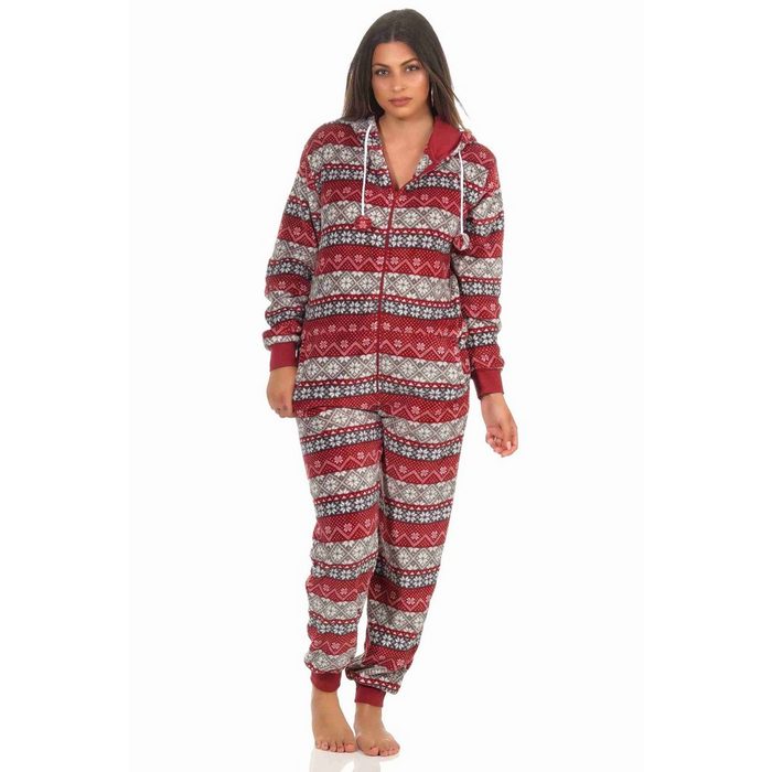 Normann Pyjama Damen Jumpsuit Overall mit Kapuze im Norwegerlook aus Coralfleece - 202 267 959