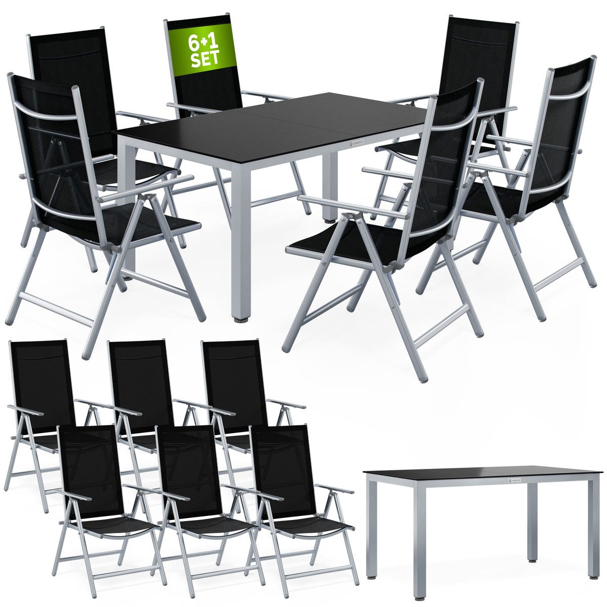 Casaria Garten-Essgruppe Bern, (7-tlg), Aluminium 5mm Sicherheitsglas Stühle Klappbar Verstellbar Wetterfest